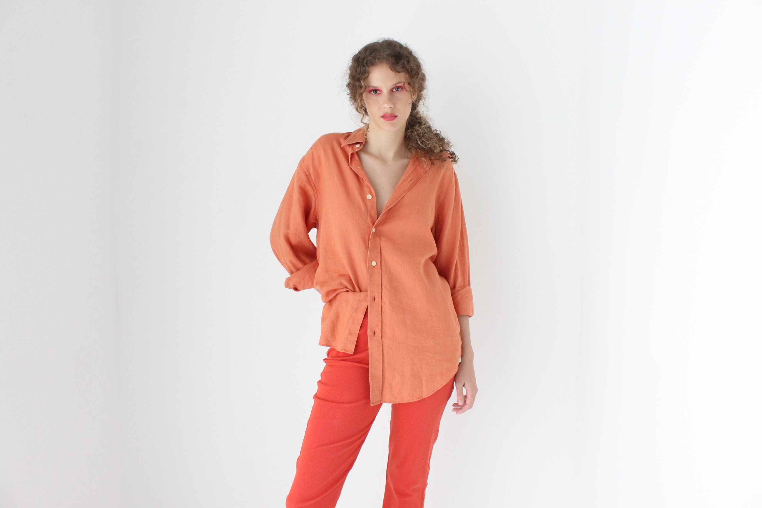 90s Slouchy Orange Linen Relaxed Shirt Dress