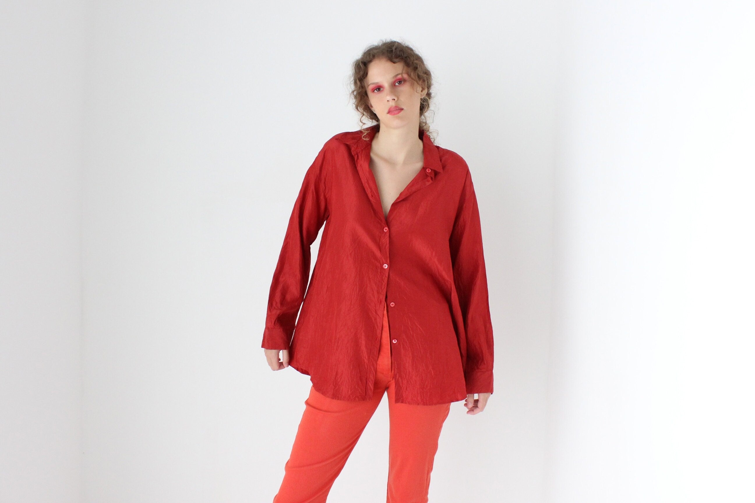 80s Silk Rust Red Button Up Shirt by Bogner