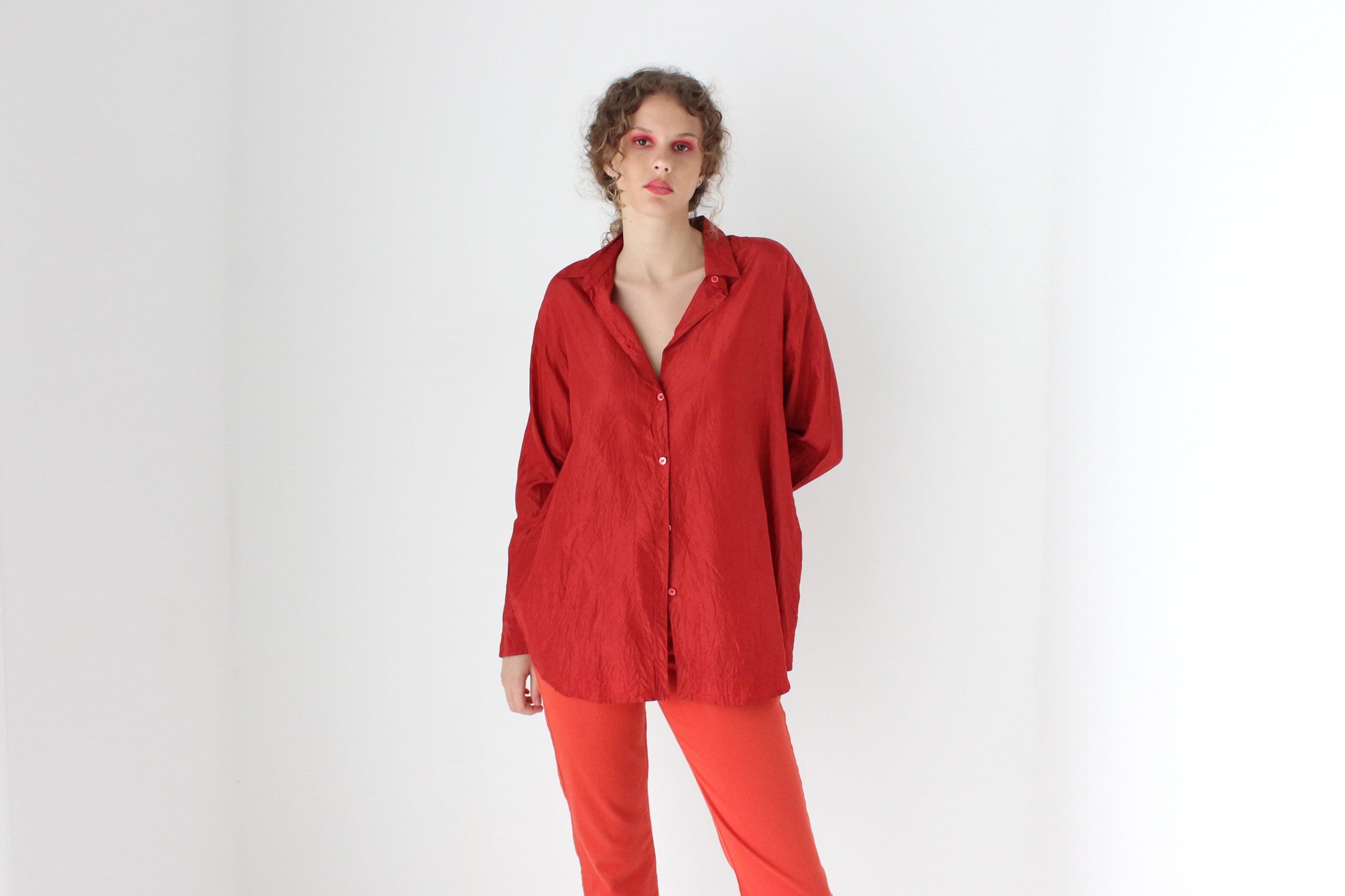 80s Silk Rust Red Button Up Shirt by Bogner