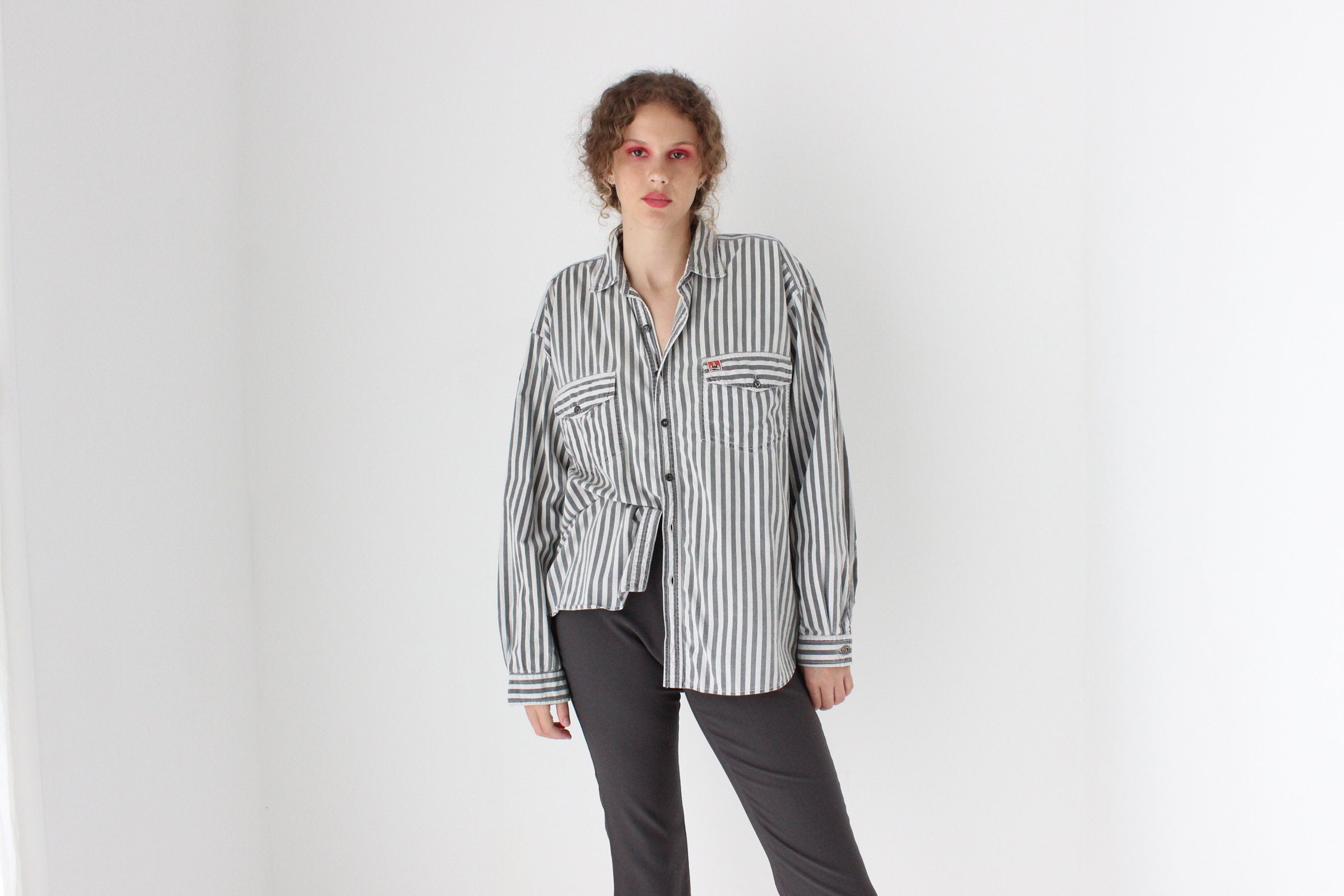 80s Striped Cotton 'Shirts at Work' Relaxed Button Up