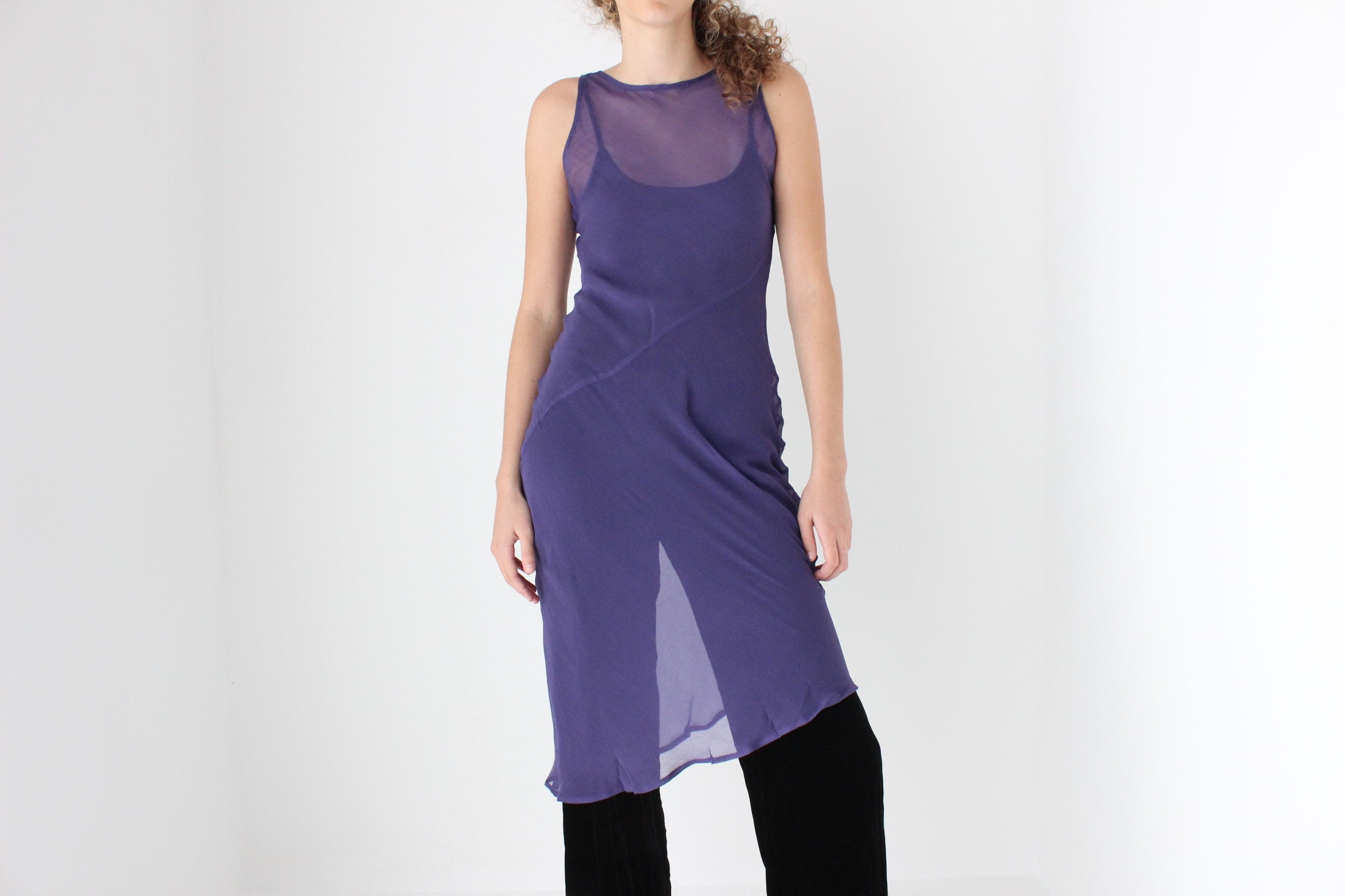 90s PURE SILK Sheer Georgette Bias Cut Dress in Purple