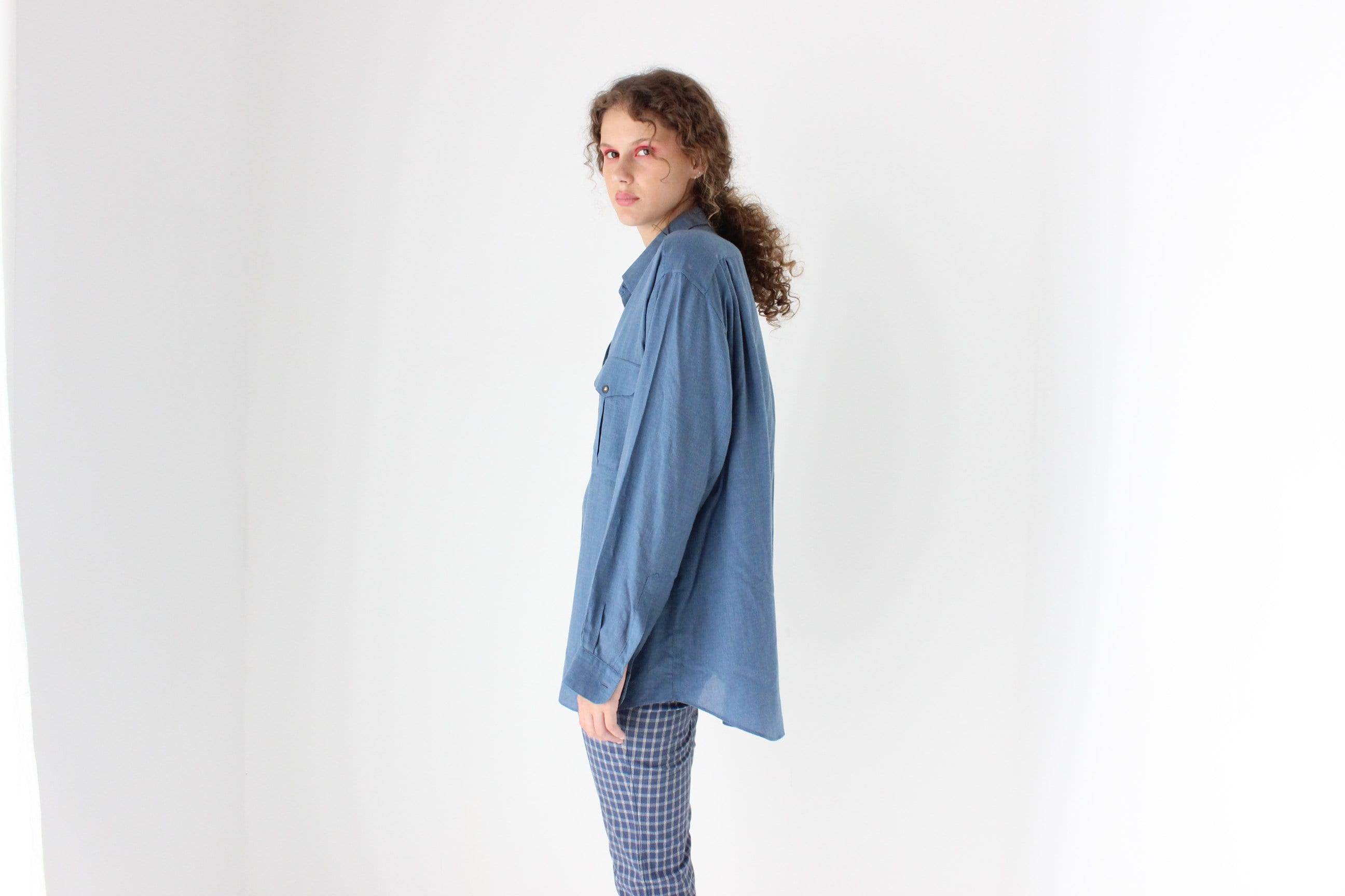 80s Relaxed Wool Blend Oversized Shirt in Denim Blue