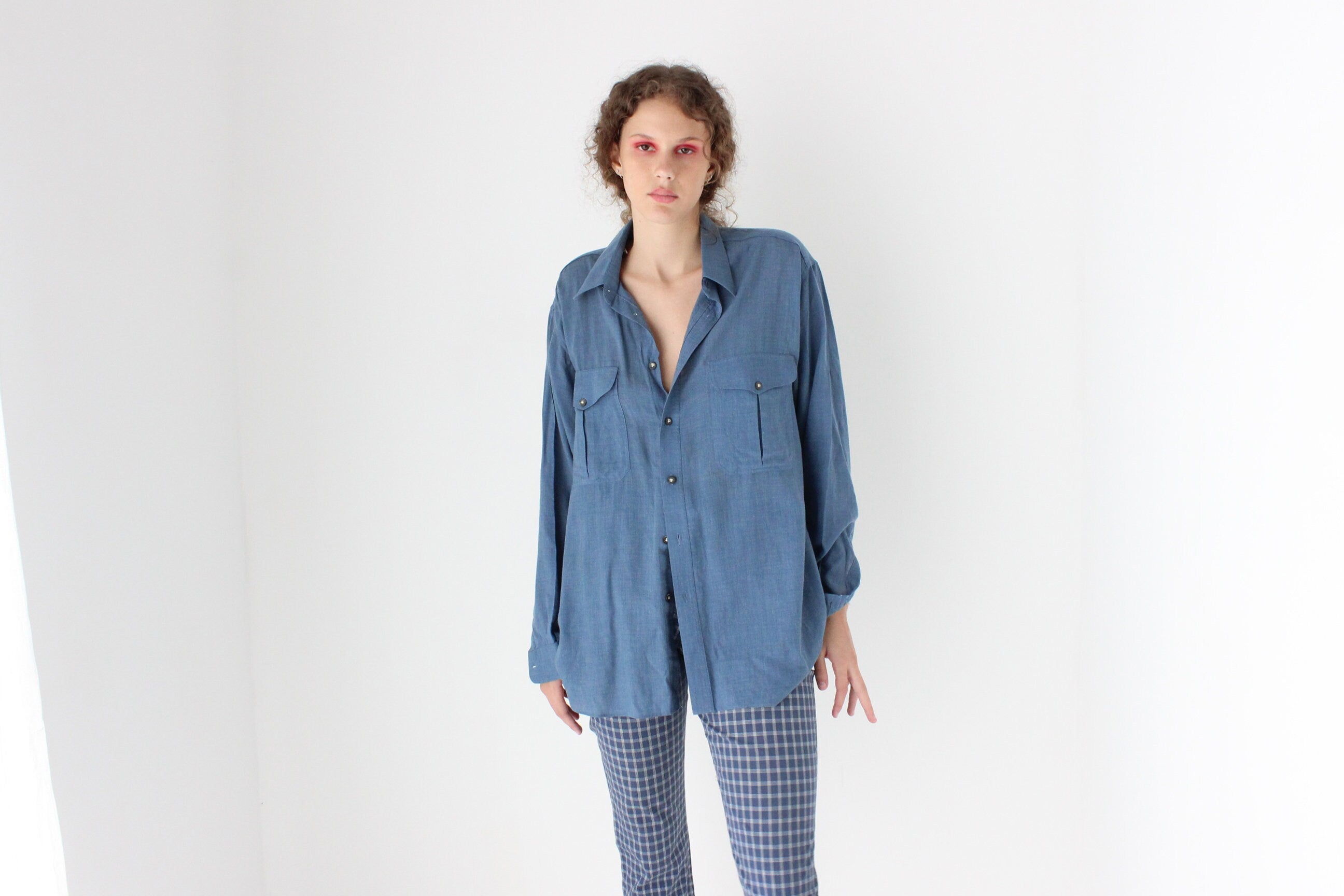 80s Relaxed Wool Blend Oversized Shirt in Denim Blue