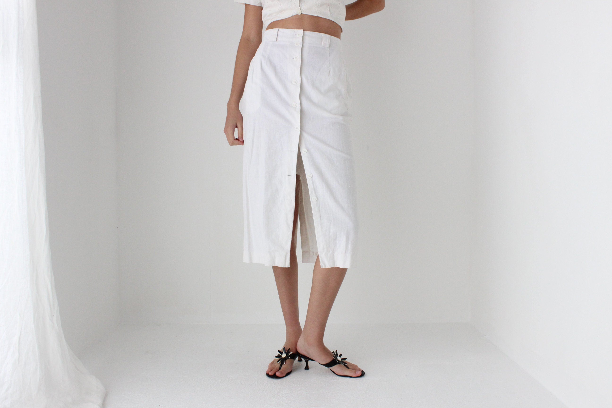 80s White Cotton Linen Button Front Skirt