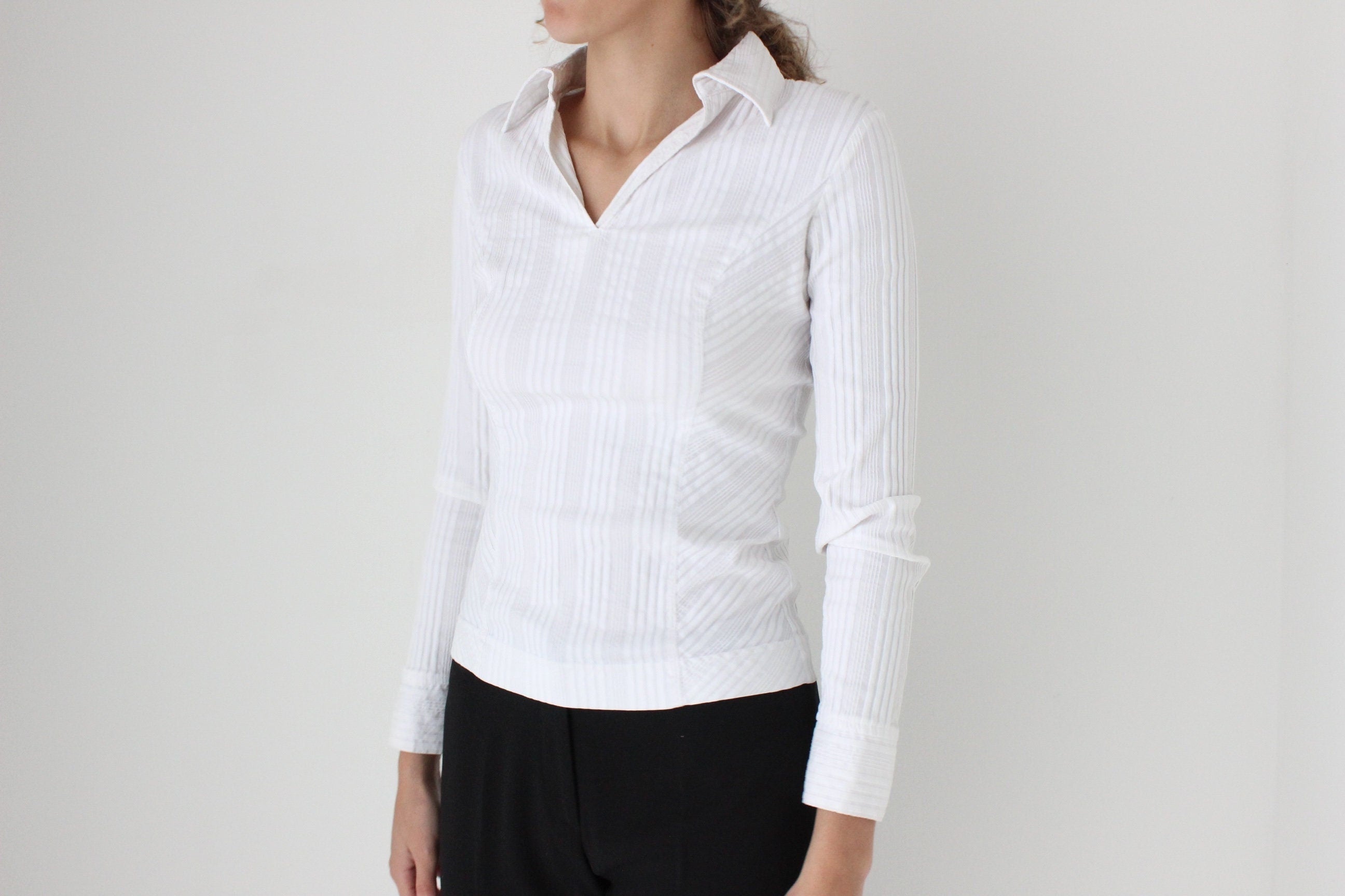 Y2K Stretch Textured Sexy Fitted Collared Shirt Top