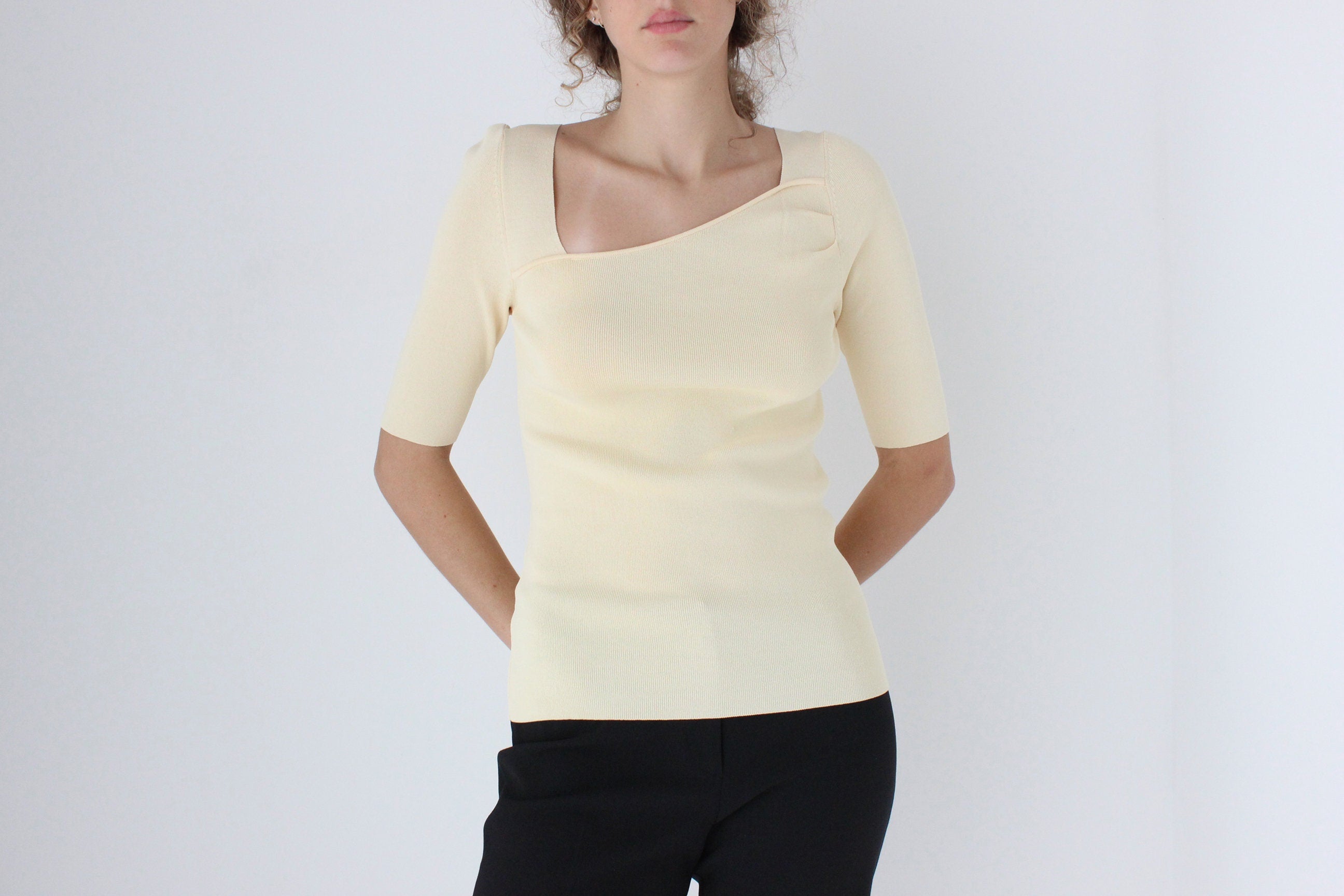 Y2K Asymmetric Stretch Fitted Pastel Knit Top by Cue