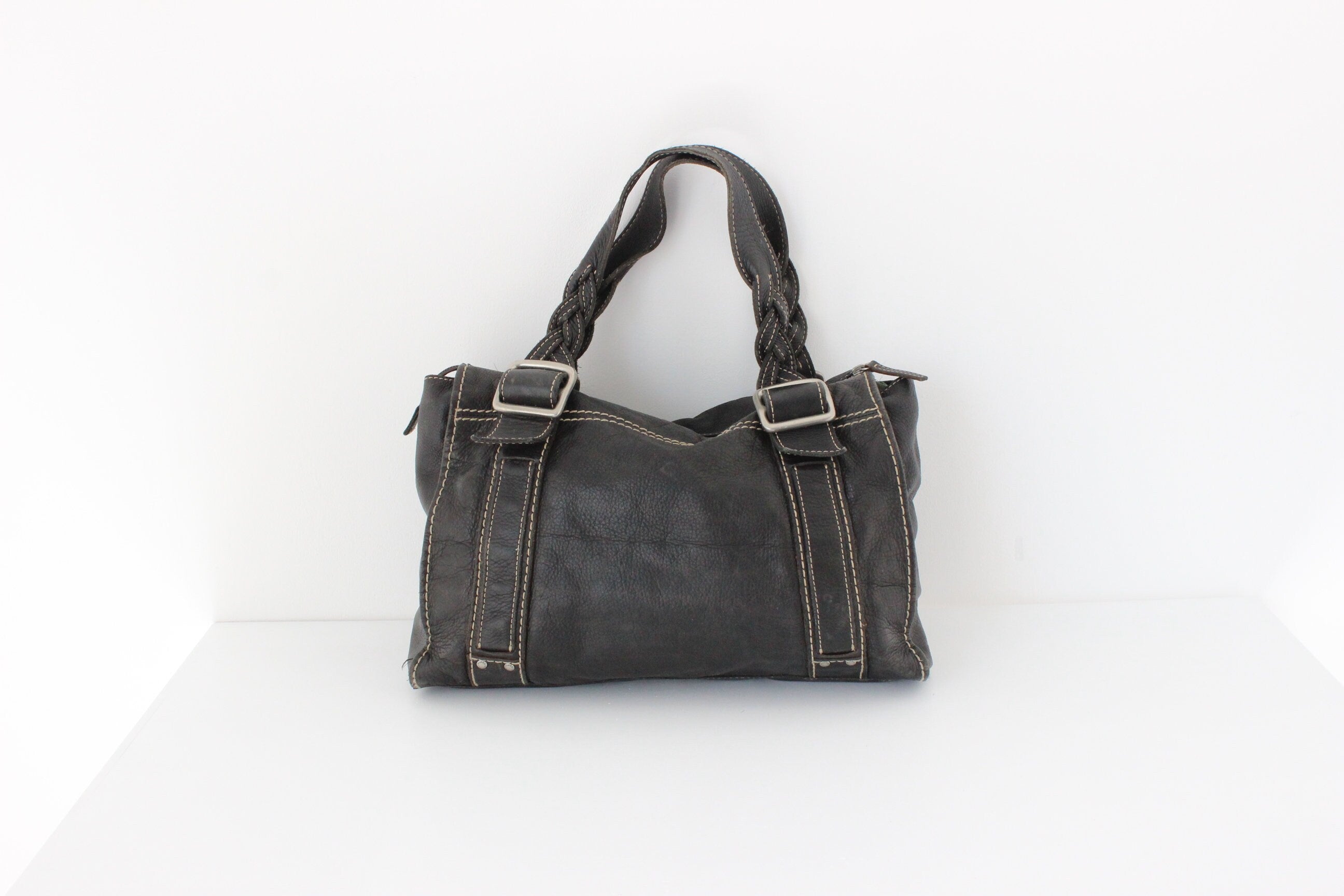 Y2K FOSSIL Black Leather Carry All Handbag