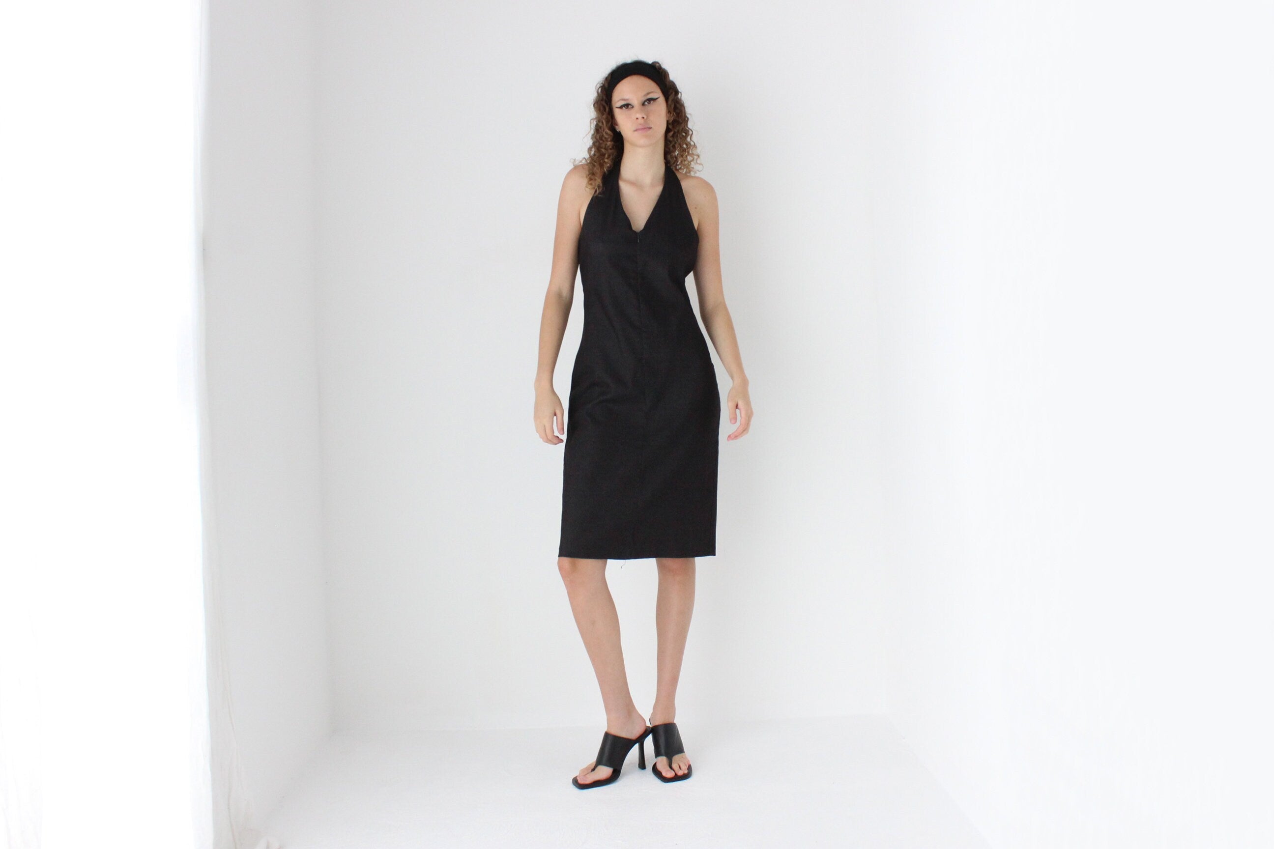 Y2K Charcoal Denim Zip Front Halter Dress