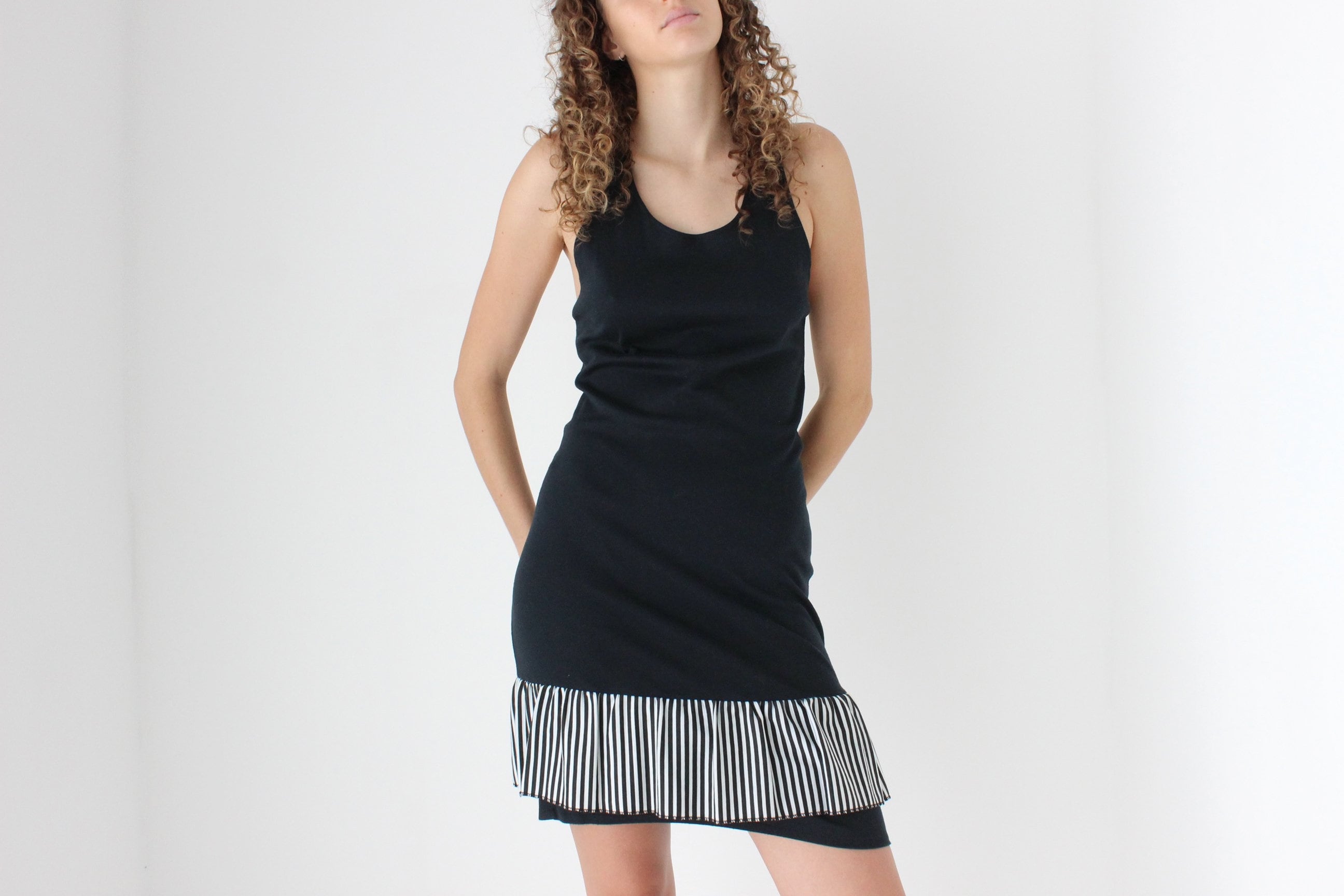 Fun 80s Striped Criss-Cross Back Ruffle Dress