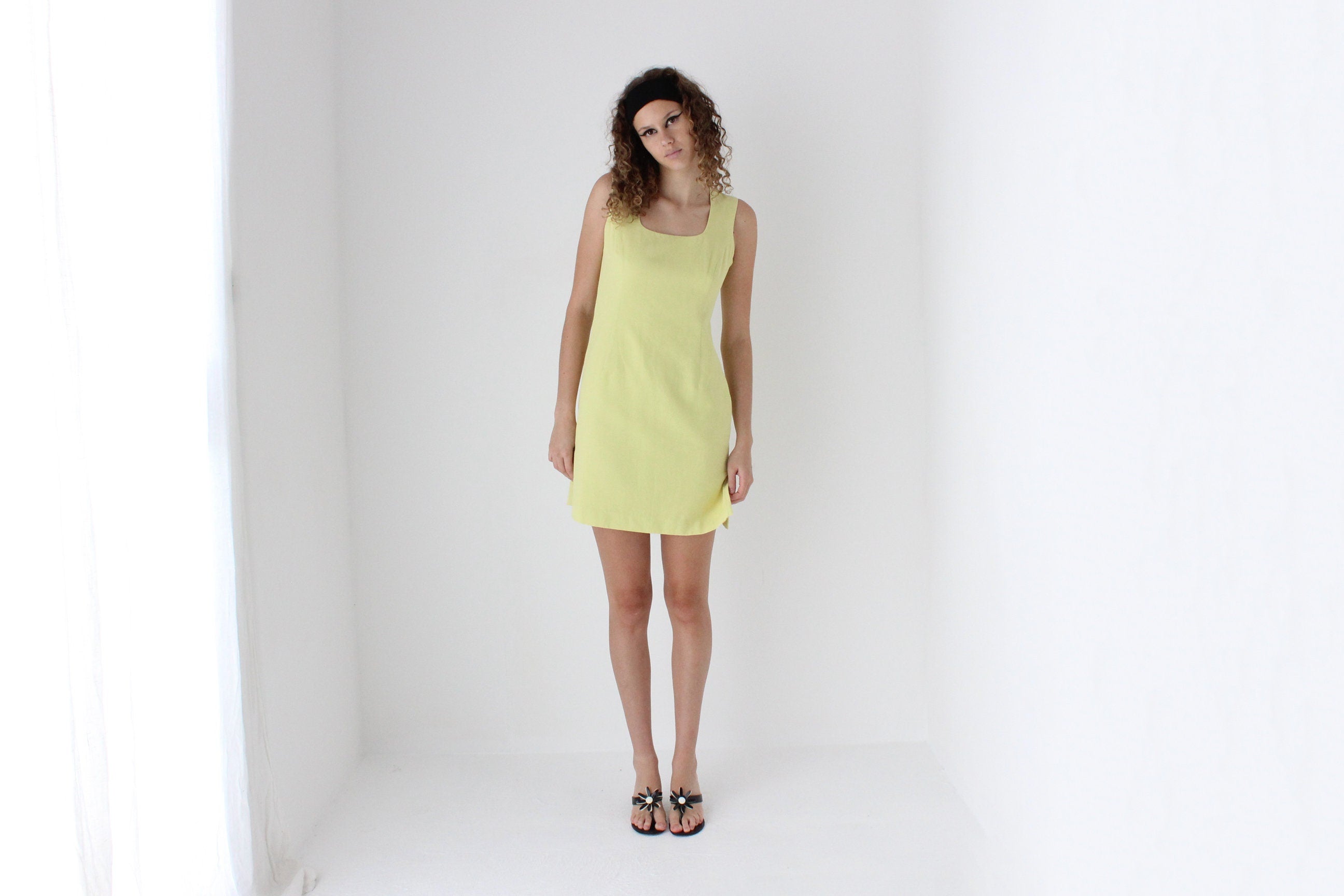 90s Acidic Lemon Yellow Mini Summer Shift Dress