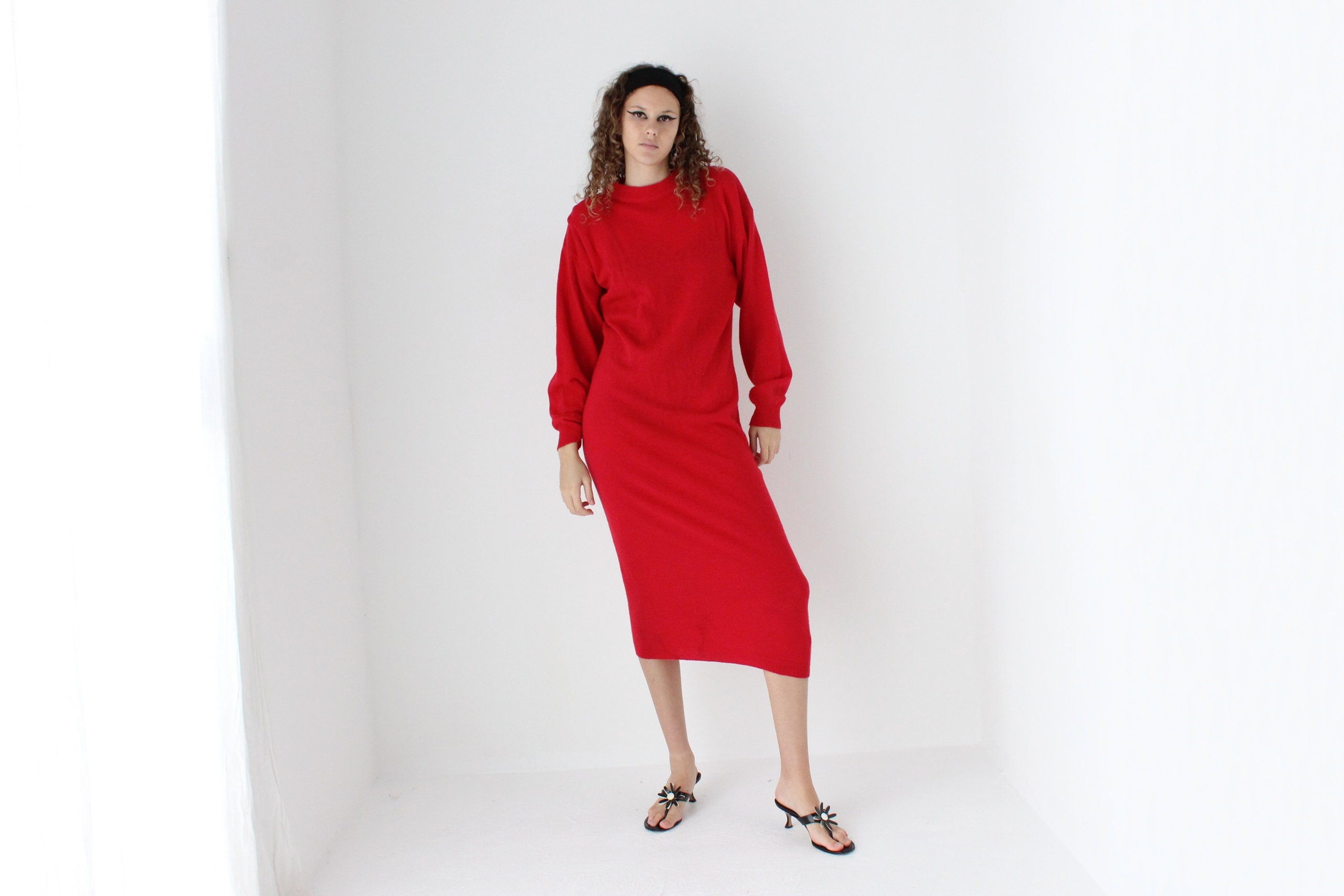 80s Lambswool & Nylon Knit Long Red Sweater Dress