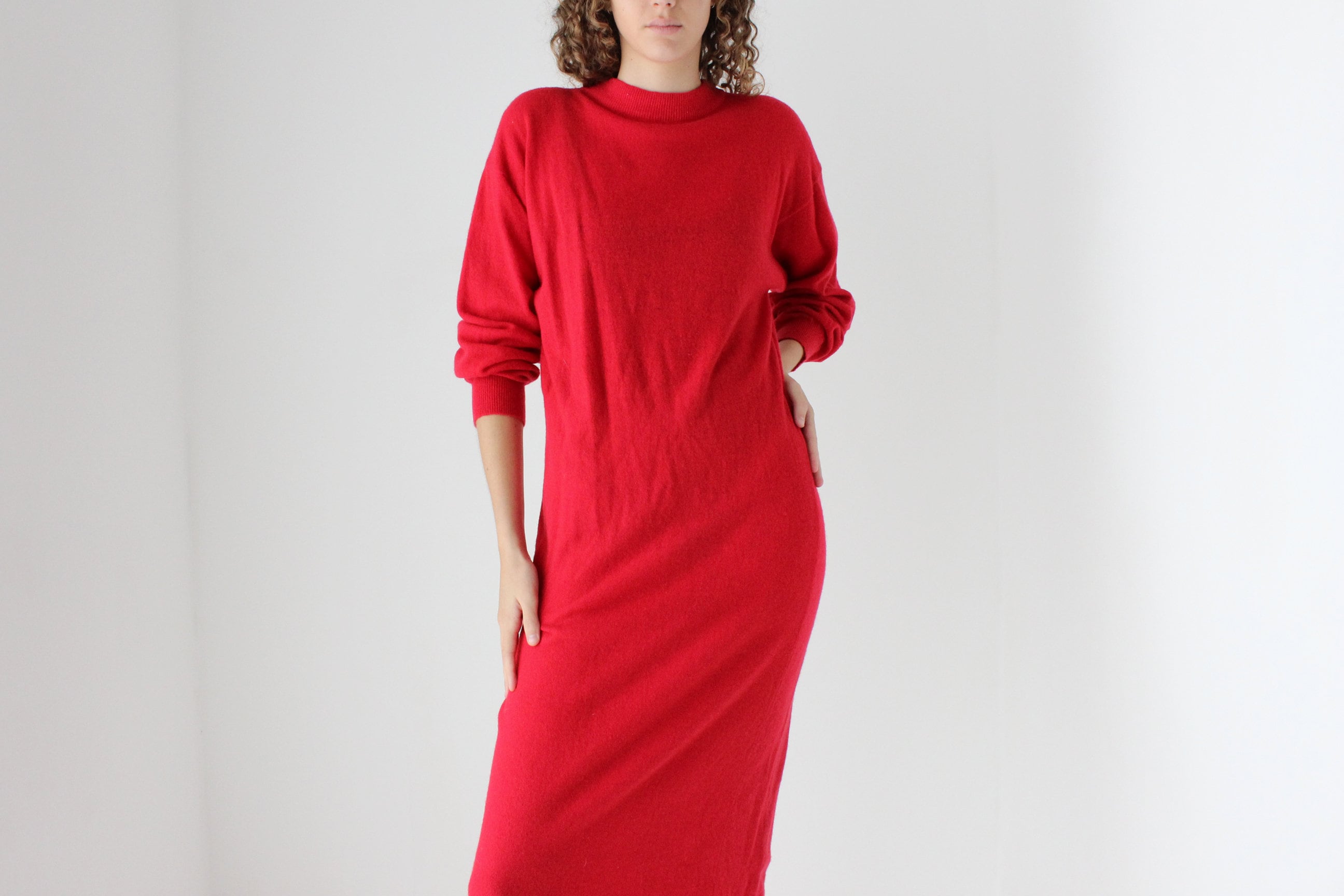 80s Lambswool & Nylon Knit Long Red Sweater Dress