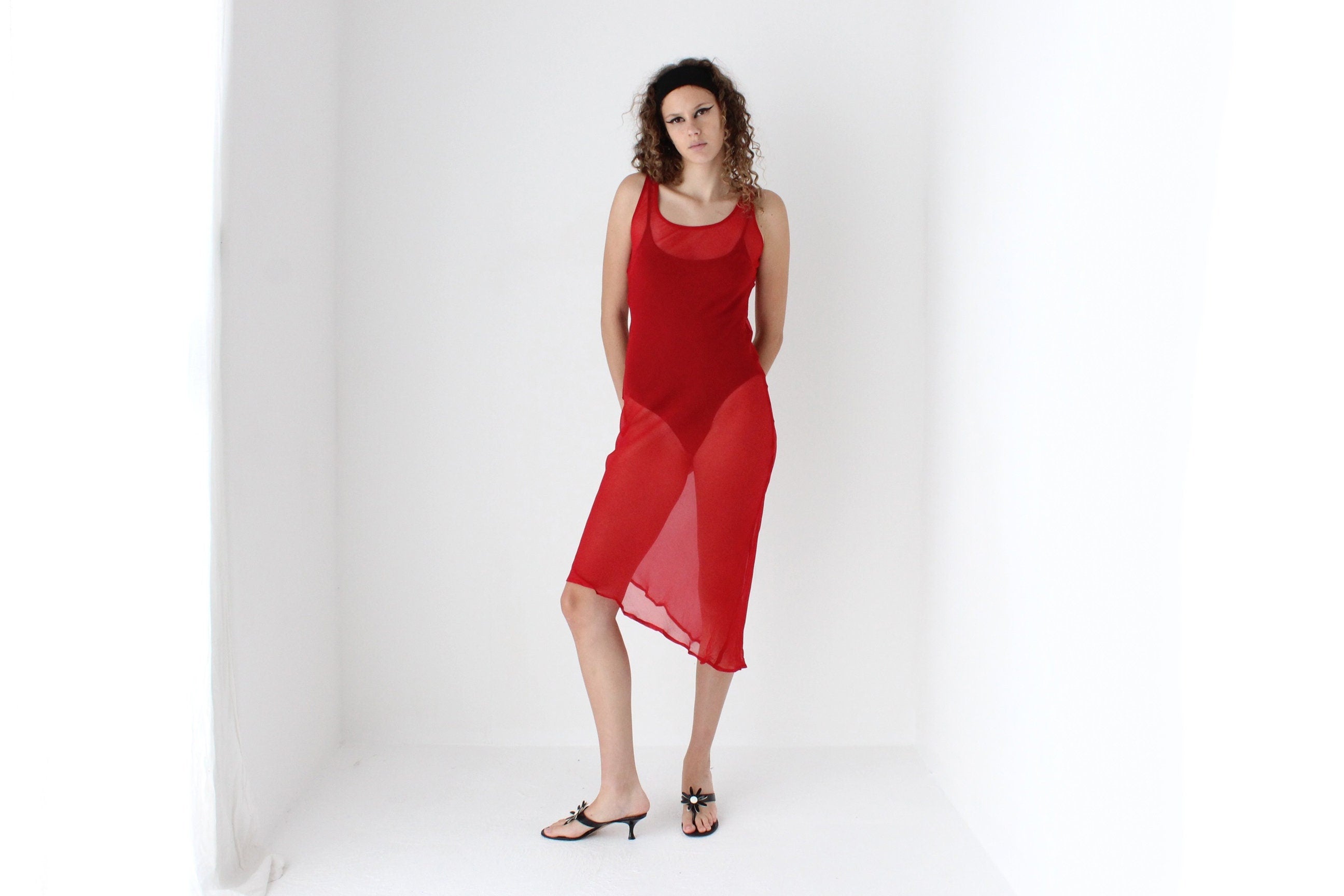 90s PURE SILK Sheer Georgette Bias Cut Dress in Red