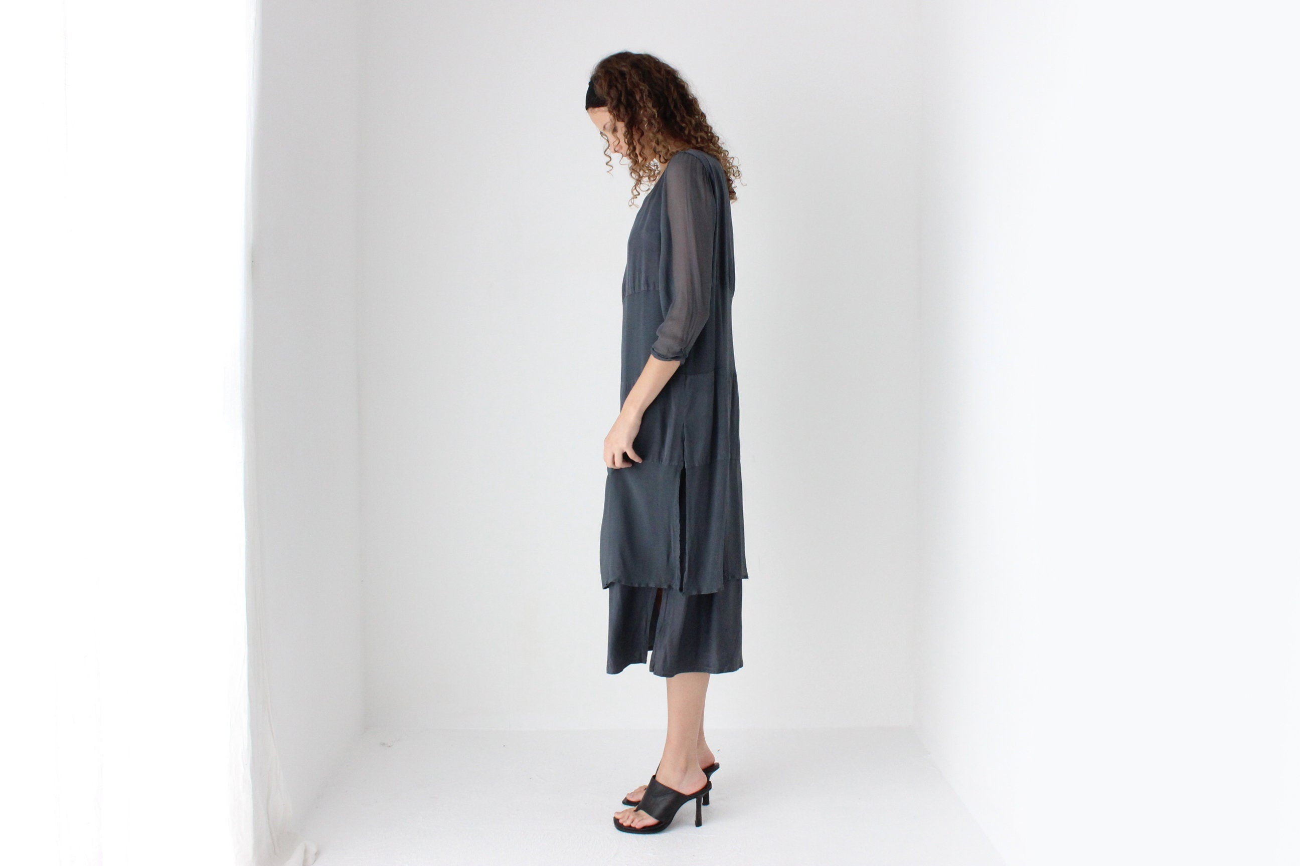 90s Pure Silk Layered Slate Grey Relaxed Dress w/ Satin & Sheer Panels