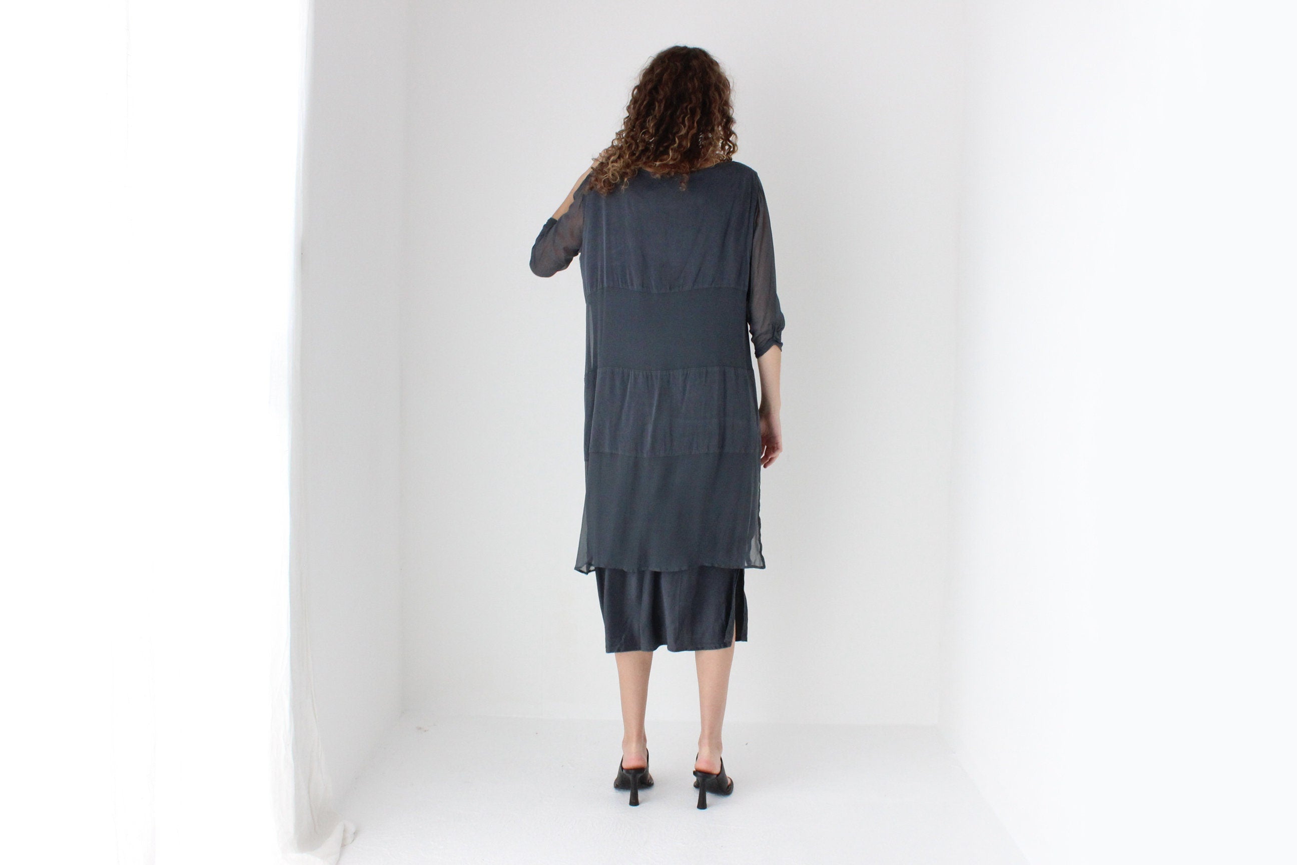 90s Pure Silk Layered Slate Grey Relaxed Dress w/ Satin & Sheer Panels
