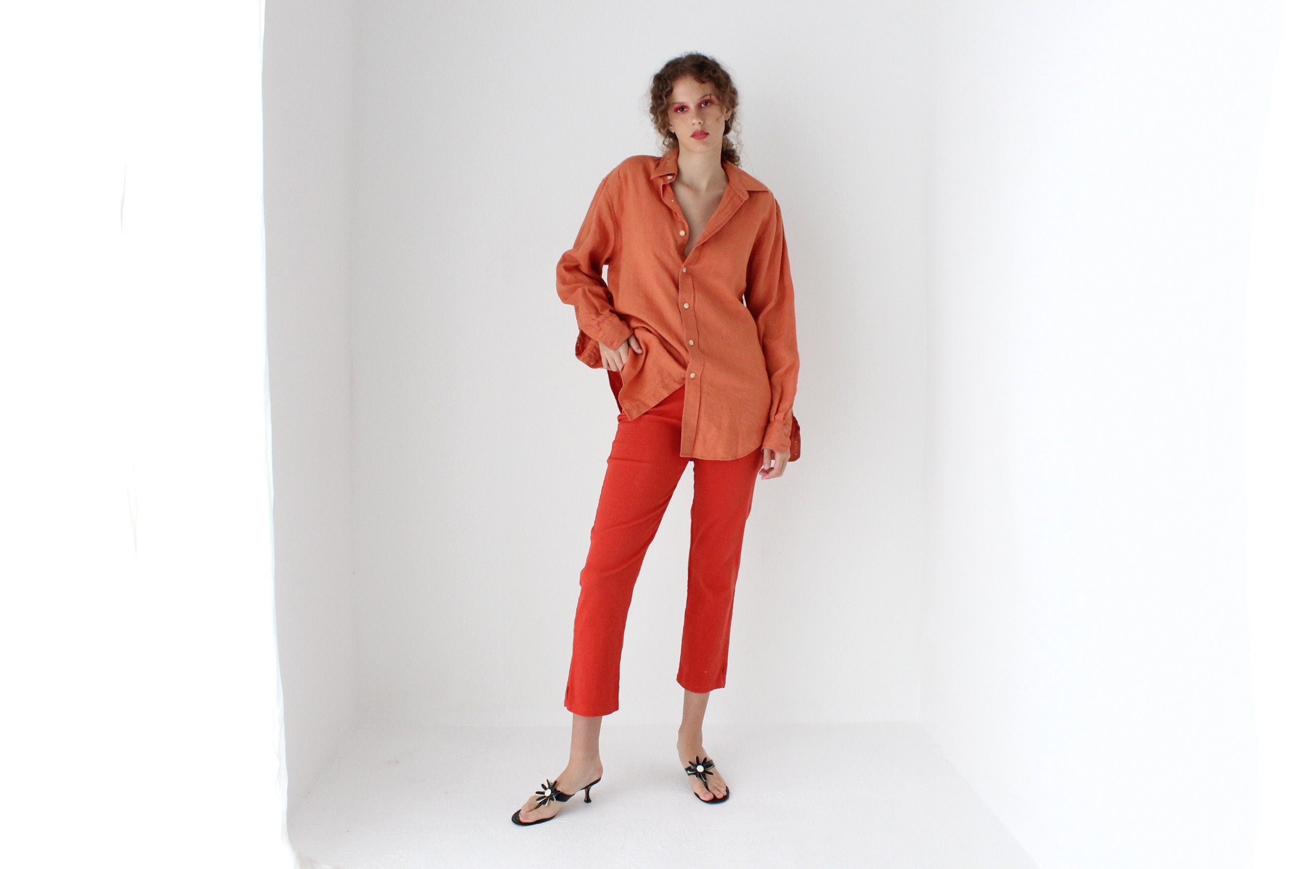 90s Slouchy Orange Linen Relaxed Shirt Dress