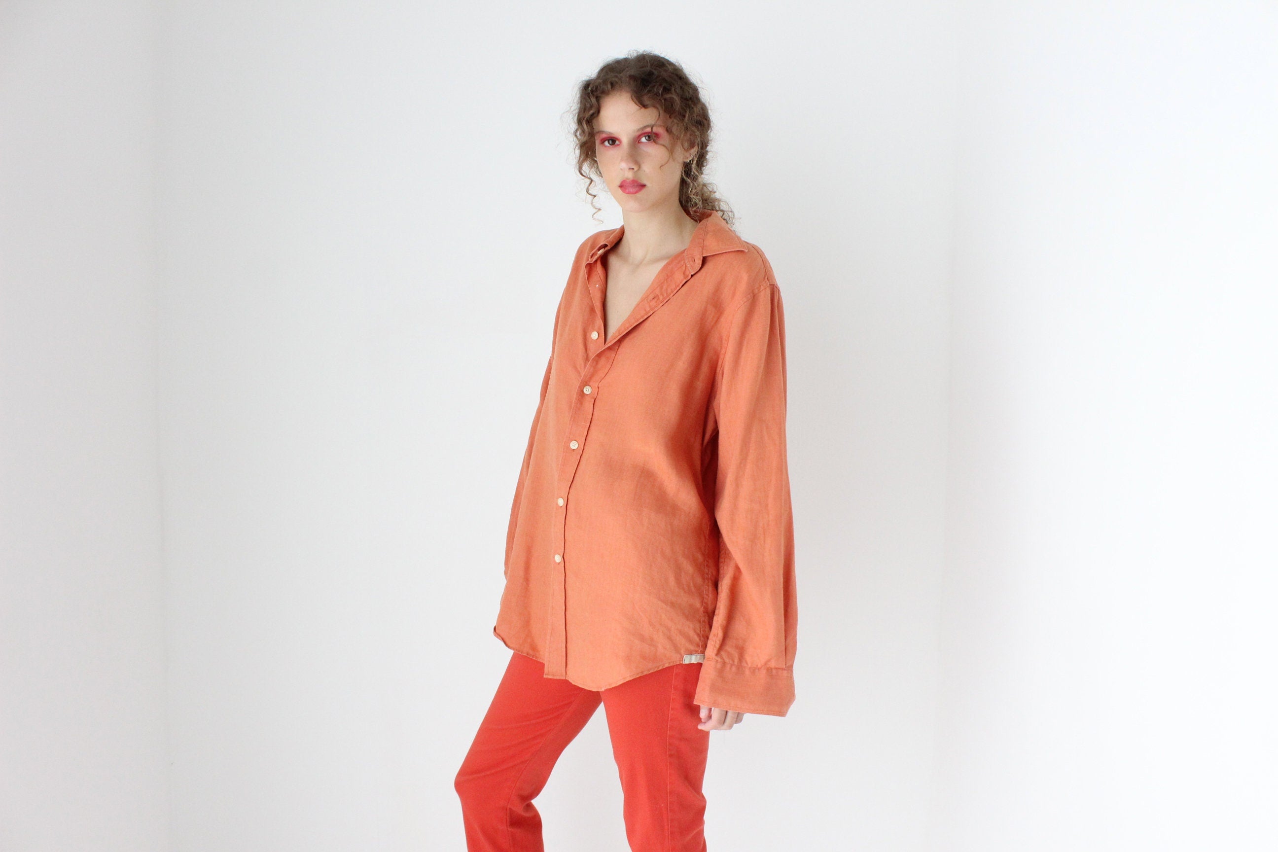 90s Slouchy Orange Linen Relaxed Shirt Dress