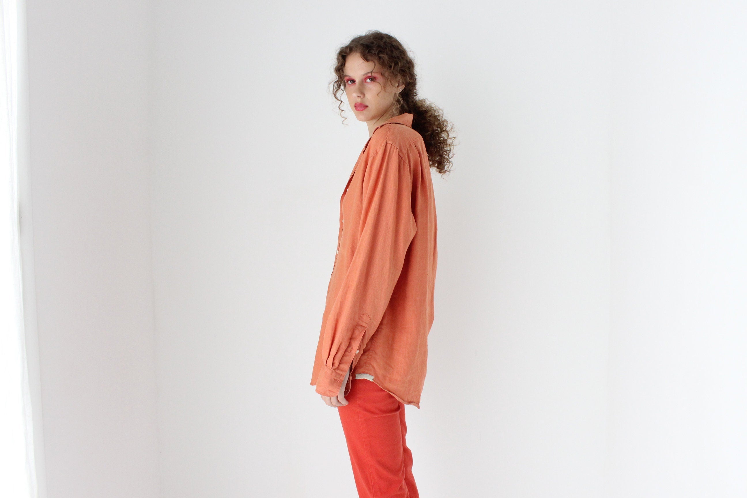 90s Slouchy Orange Linen Relaxed Shirt Dress