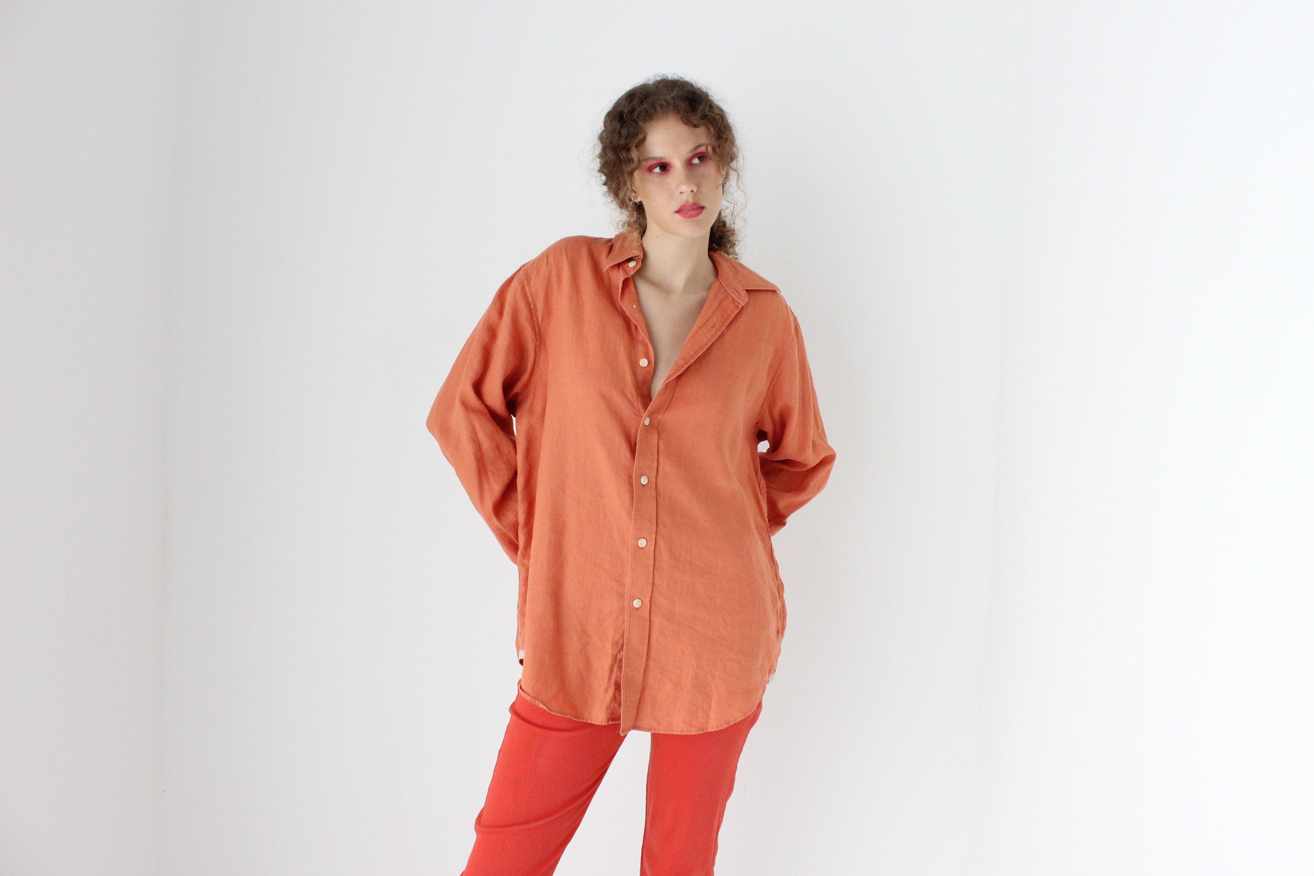 90s Slouchy Orange Linen Relaxed Shirt Dress