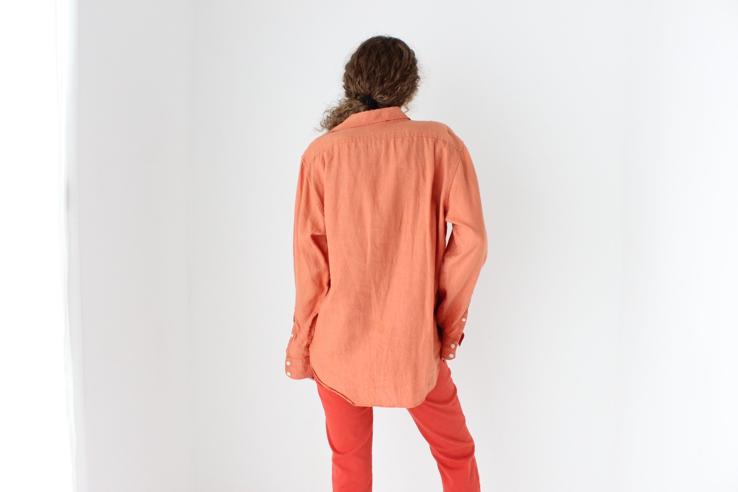 90s Slouchy Orange Linen Relaxed Shirt Dress