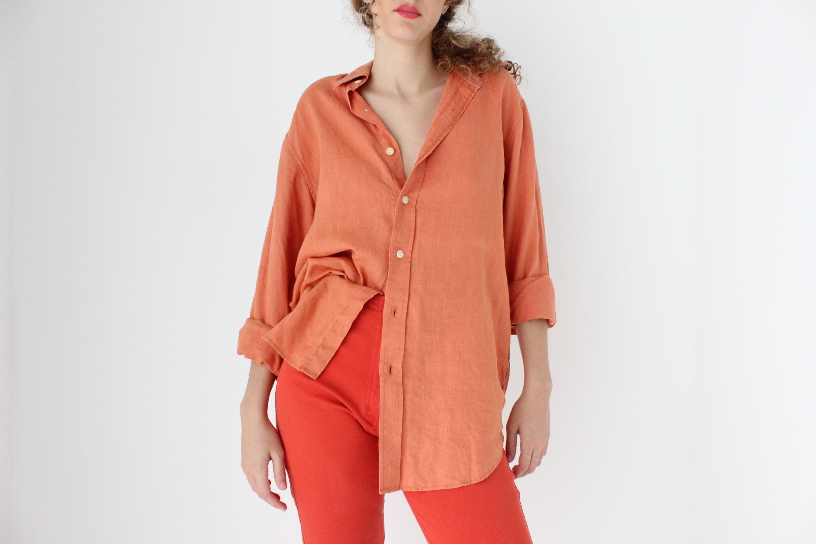 90s Slouchy Orange Linen Relaxed Shirt Dress