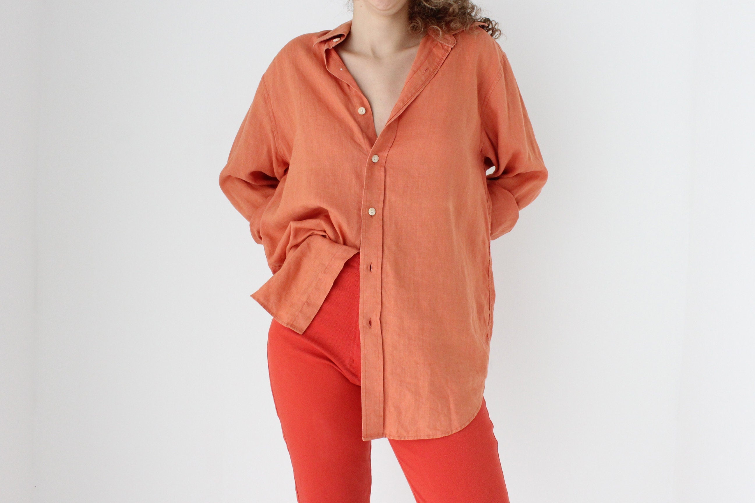 90s Slouchy Orange Linen Relaxed Shirt Dress