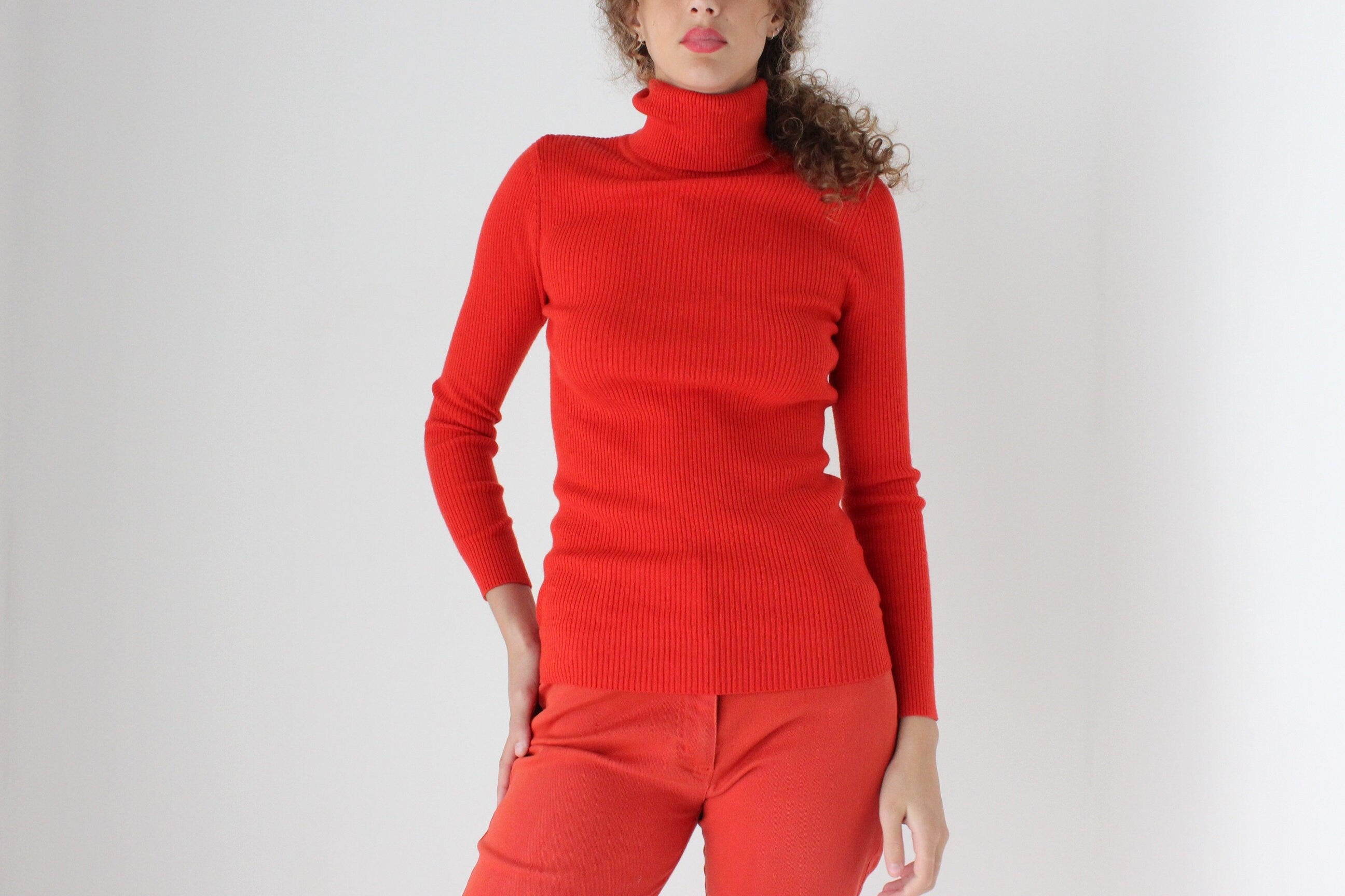 90s Cashmere Ribbed Turtleneck Fitted Sweater