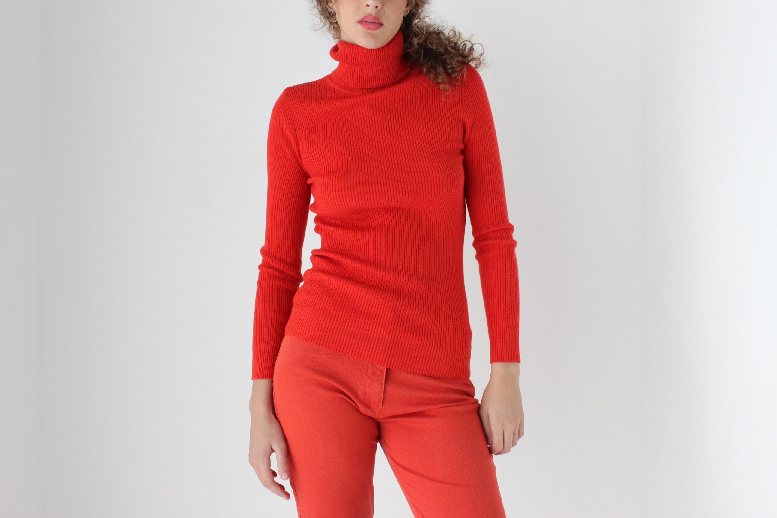 90s Cashmere Ribbed Turtleneck Fitted Sweater