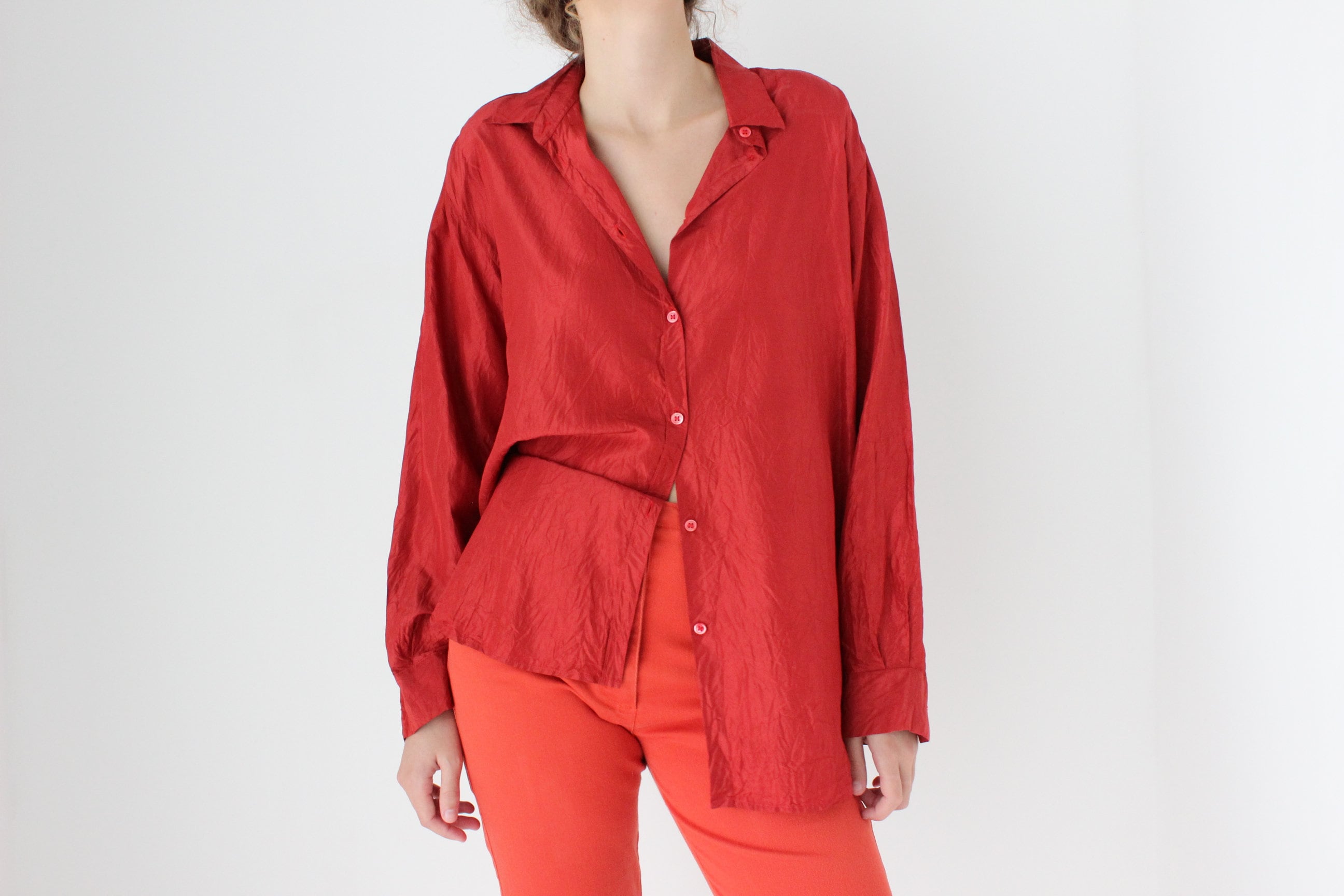 80s Silk Rust Red Button Up Shirt by Bogner