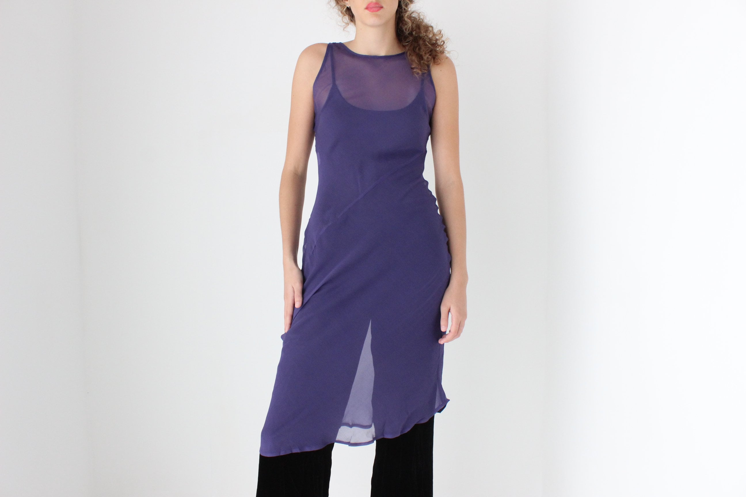 90s PURE SILK Sheer Georgette Bias Cut Dress in Purple