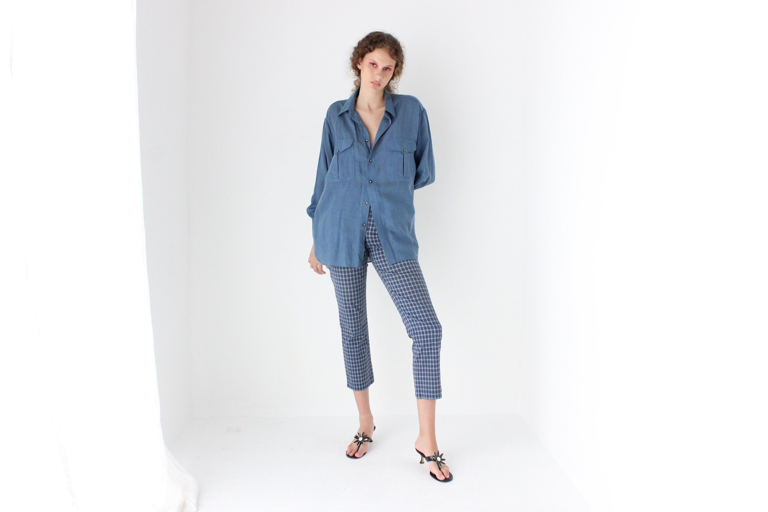 80s Relaxed Wool Blend Oversized Shirt in Denim Blue