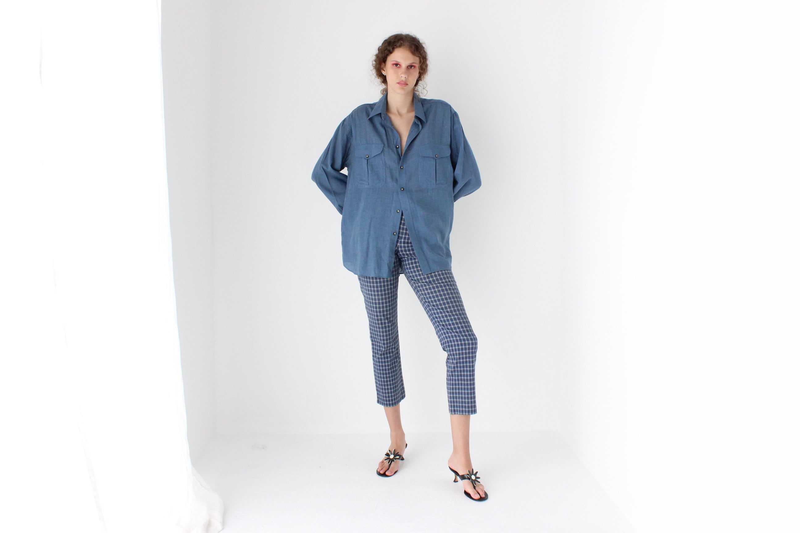 80s Relaxed Wool Blend Oversized Shirt in Denim Blue