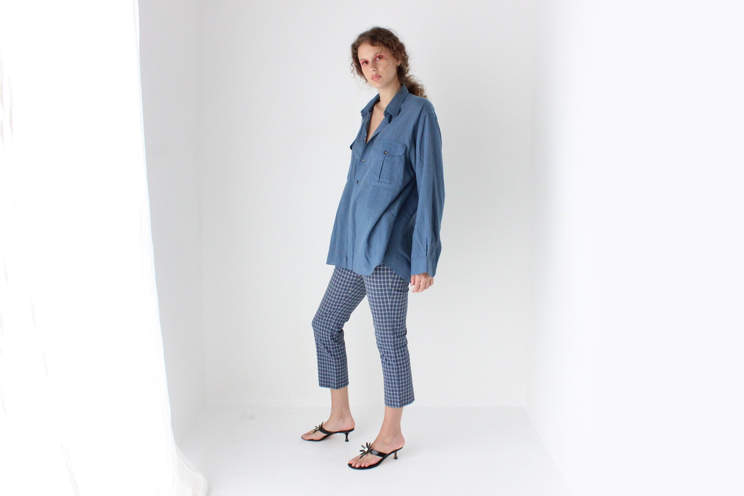 80s Relaxed Wool Blend Oversized Shirt in Denim Blue