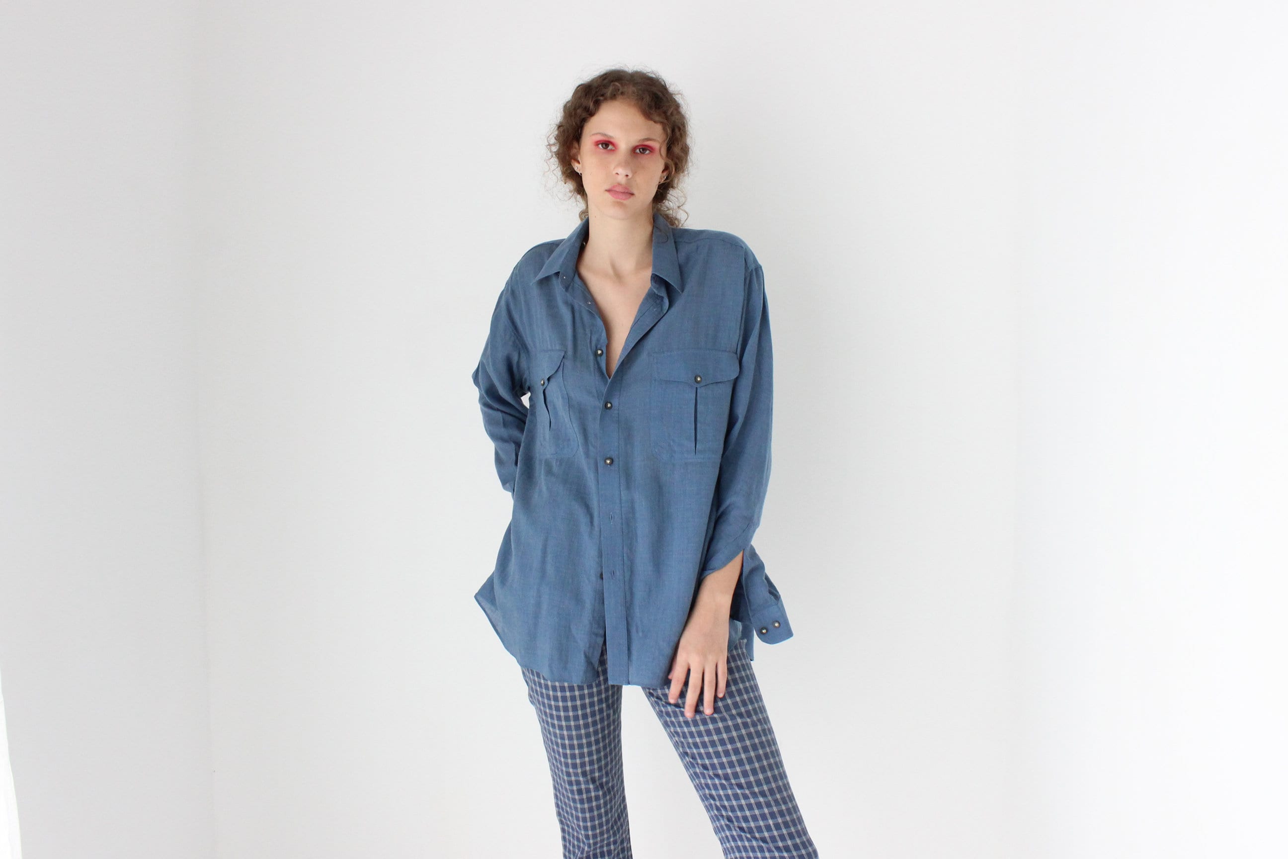 80s Relaxed Wool Blend Oversized Shirt in Denim Blue