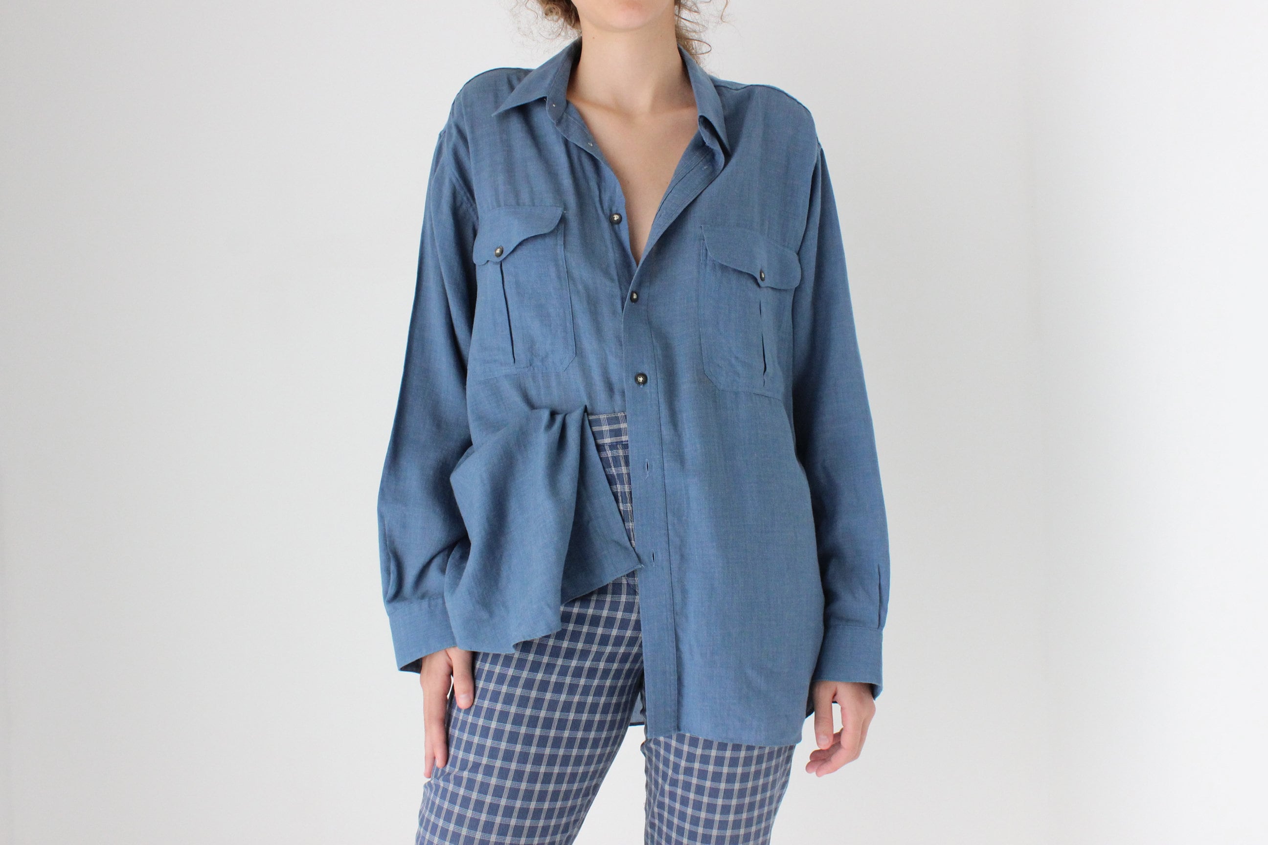 80s Relaxed Wool Blend Oversized Shirt in Denim Blue