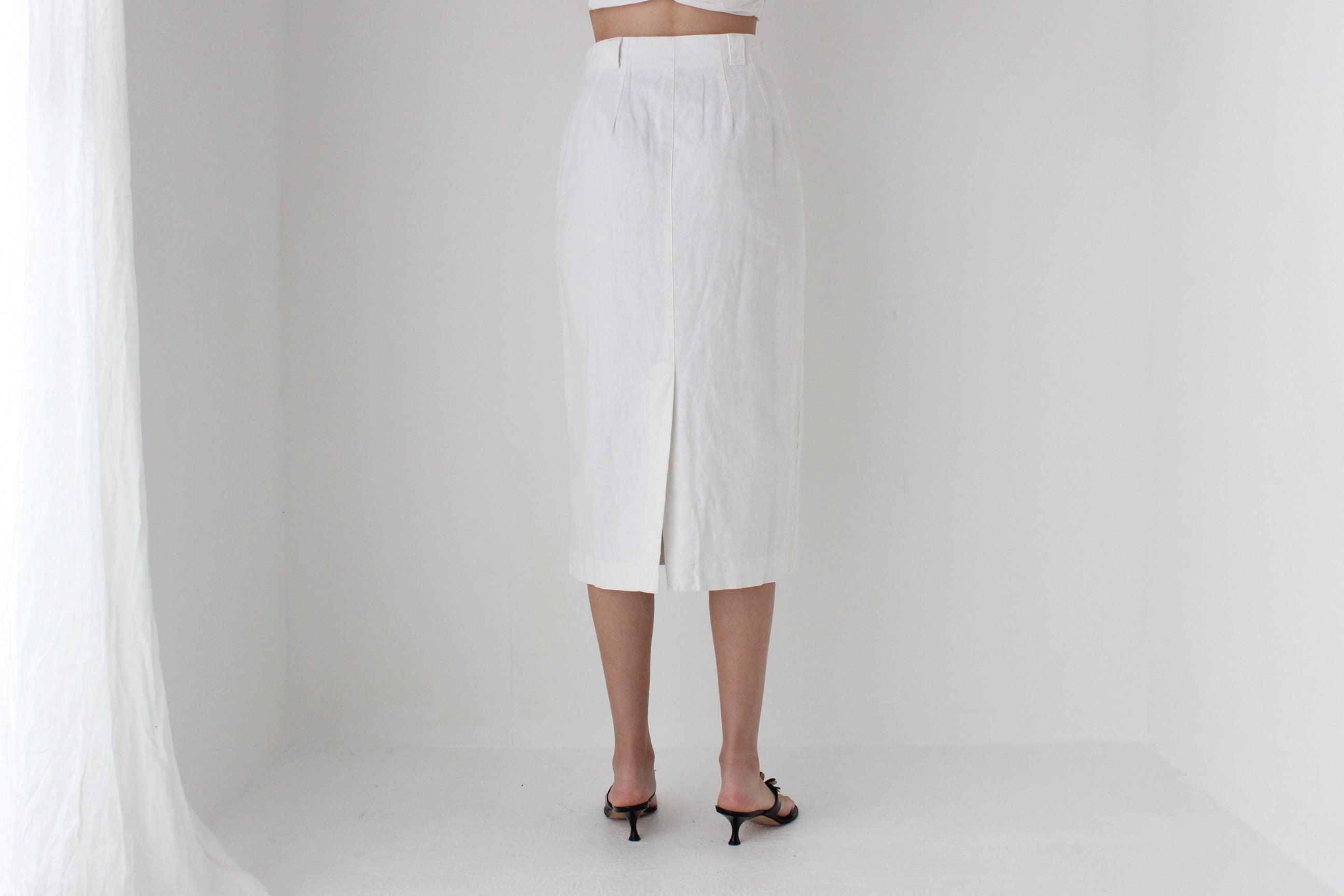 80s White Cotton Linen Button Front Skirt