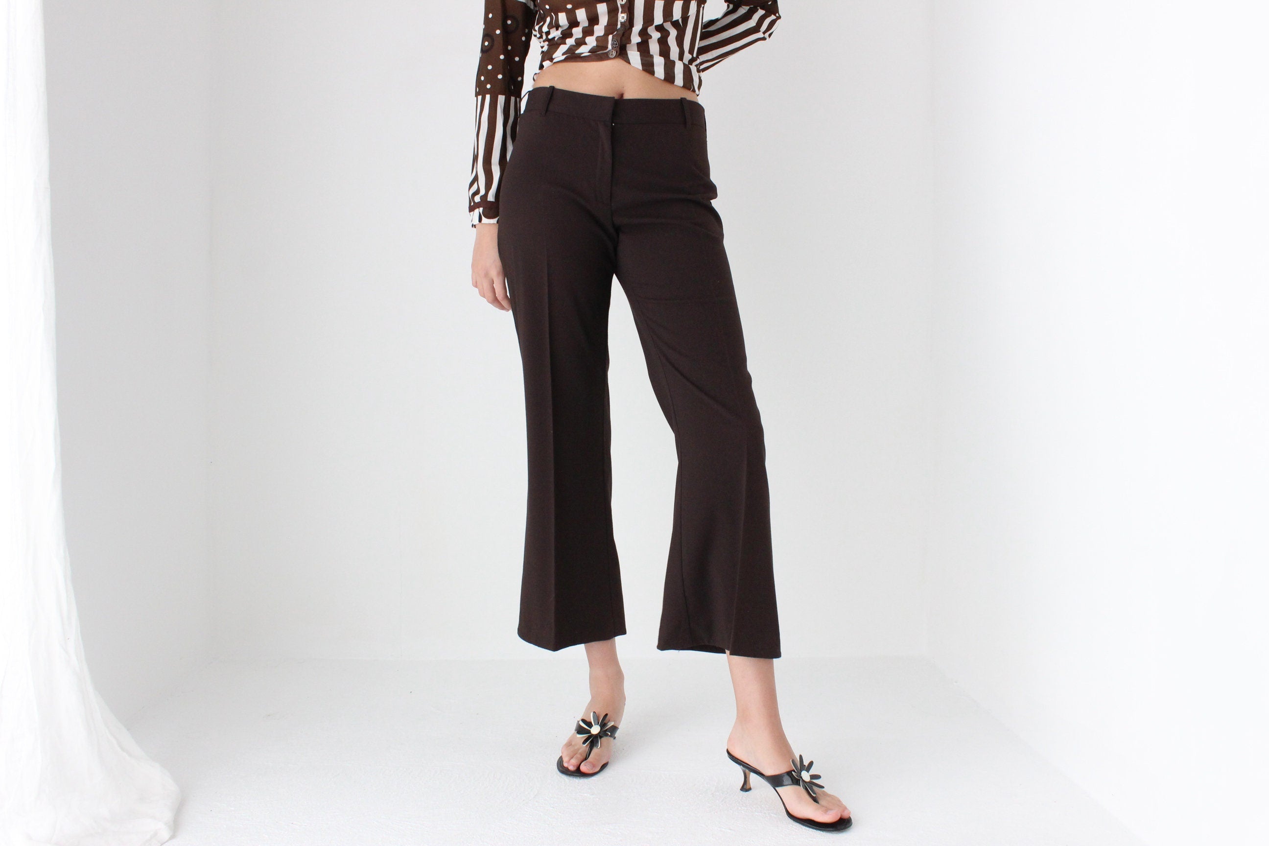 90s Minimal Chocolate Flared, Cropped Trousers