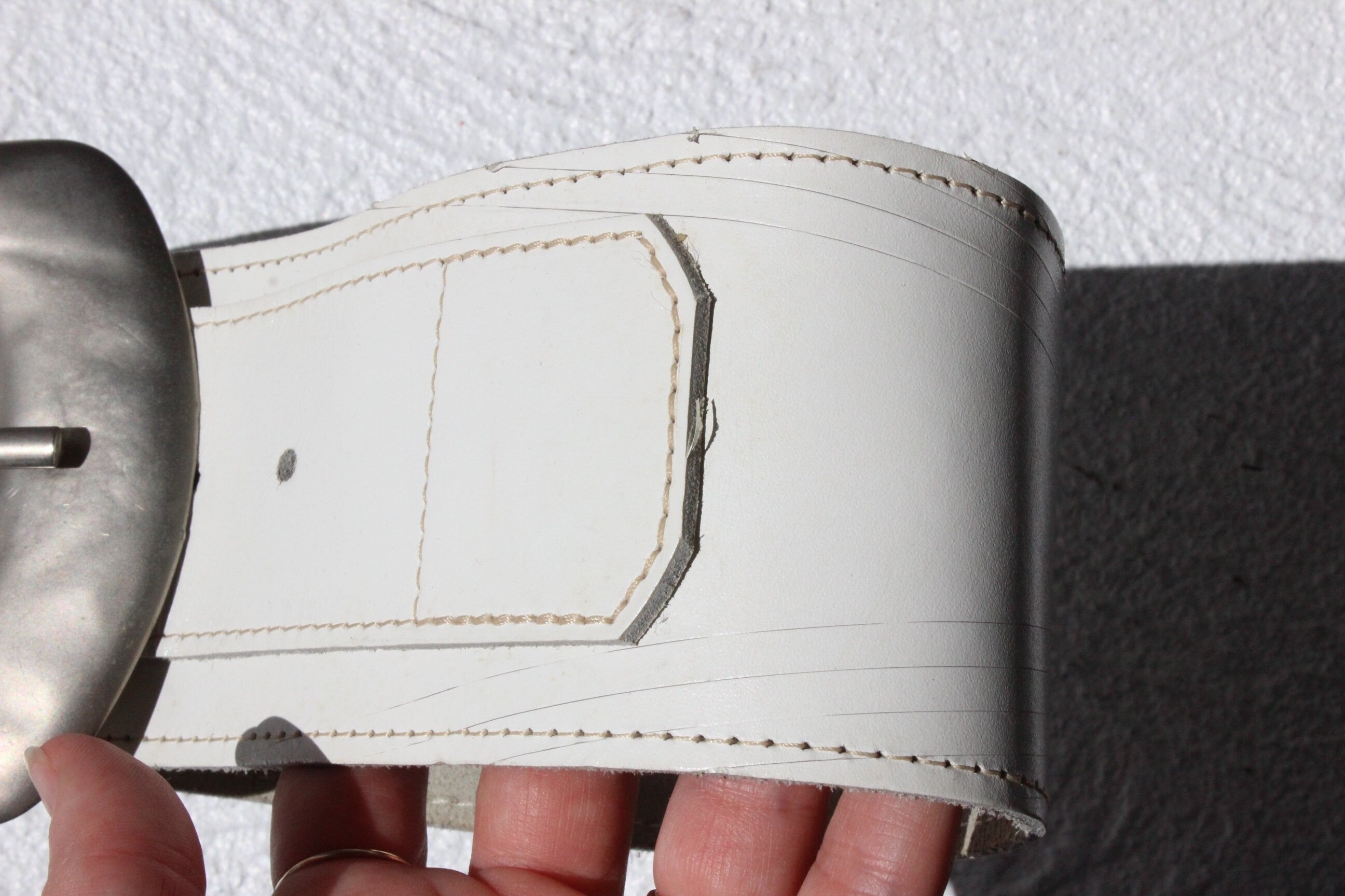 80s White Leather Belt w/ Oversized Silver Buckle