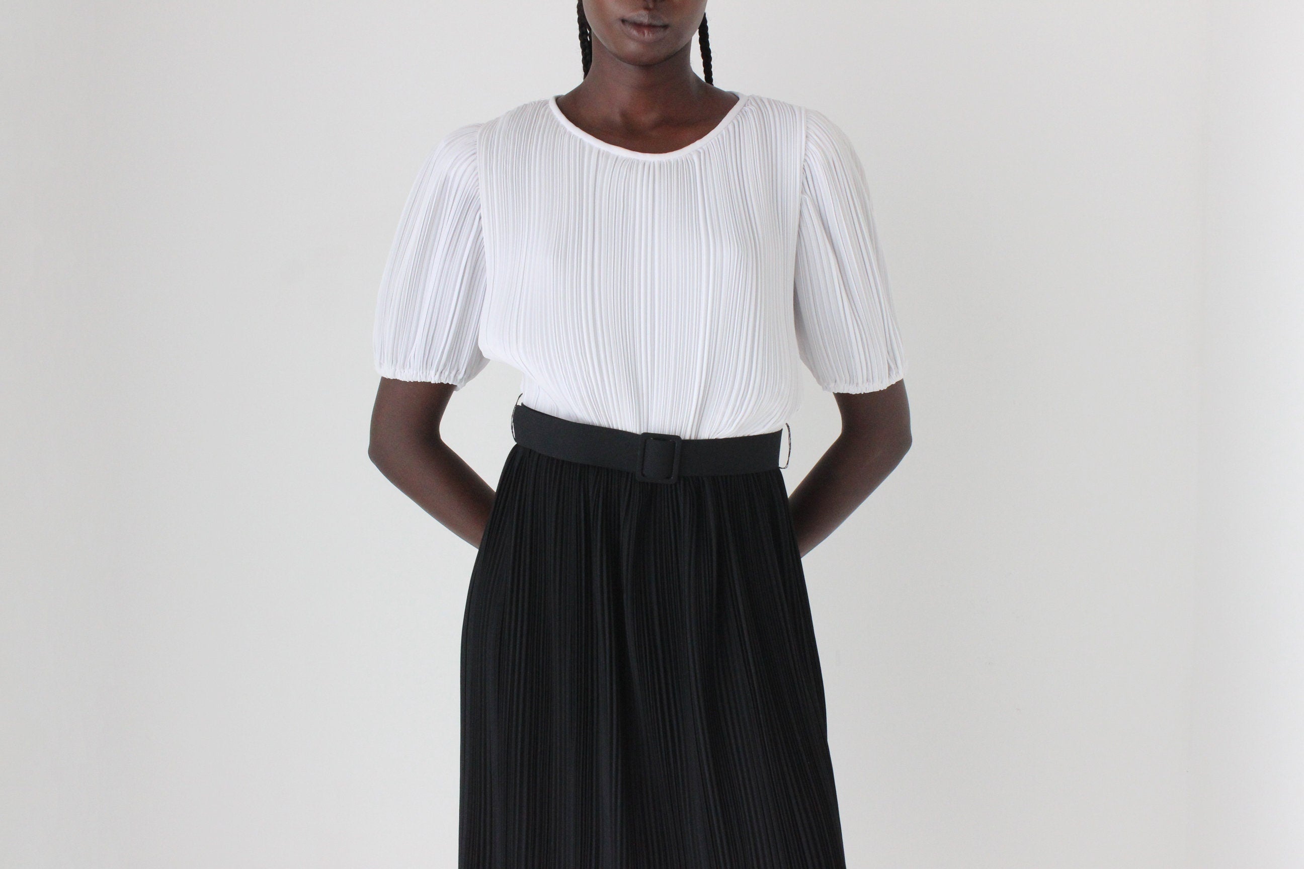 80s Fortuny Pleated Puff Sleeve Belted Dress