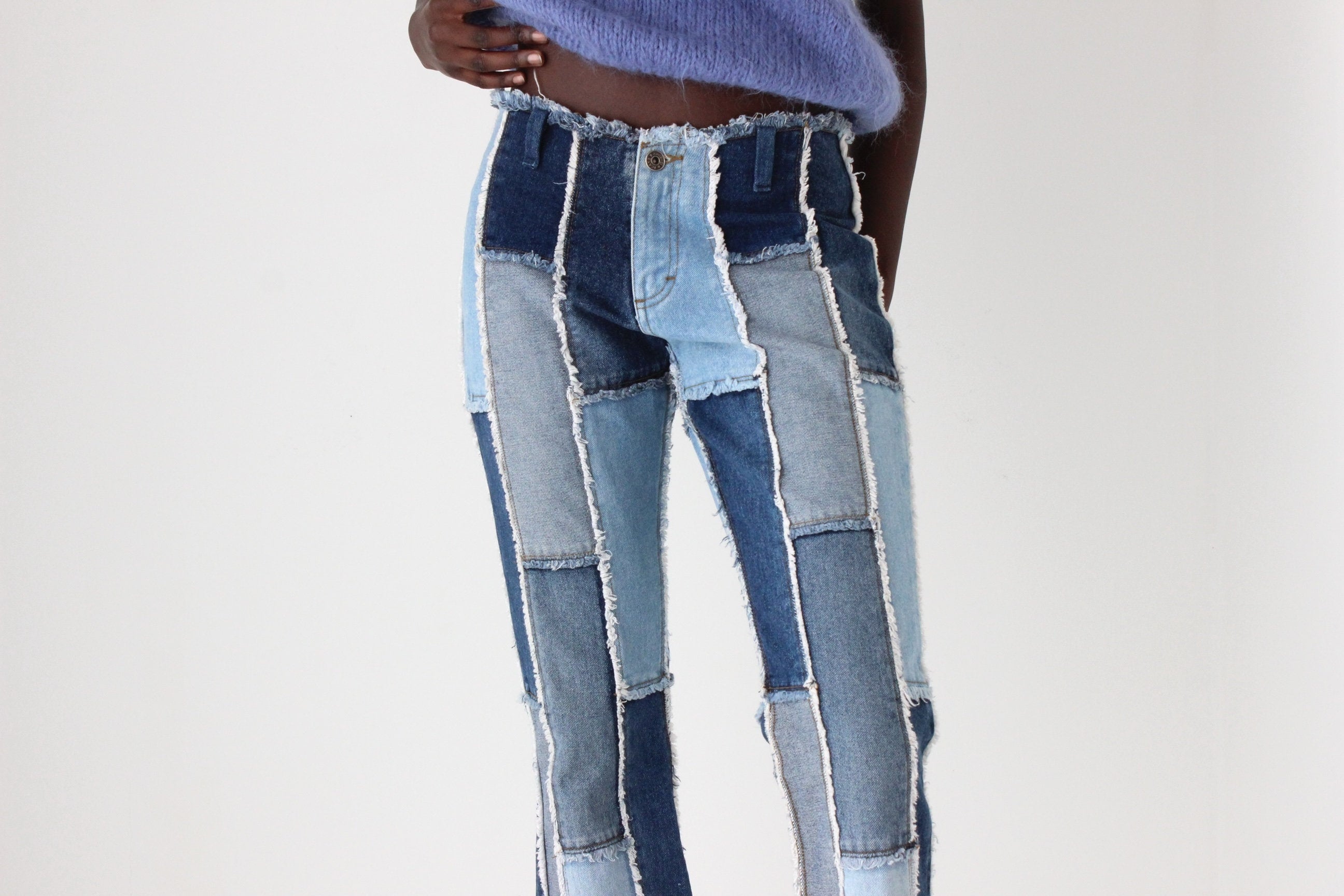 Y2K Frayed Denim Patchwork Texture Jeans