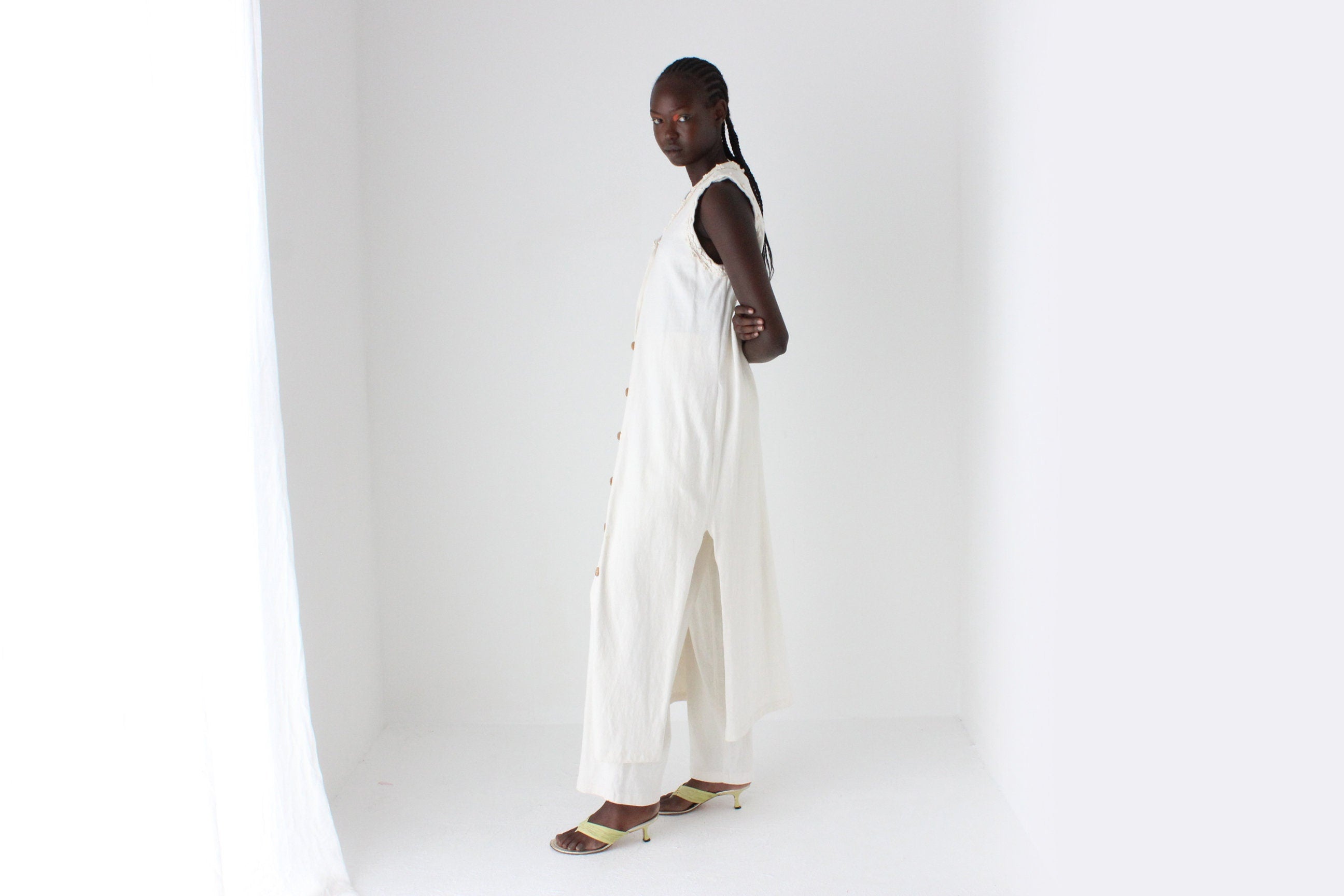 90s Woven Cotton Long Waistcoat Vest & Relaxed Trouser Set