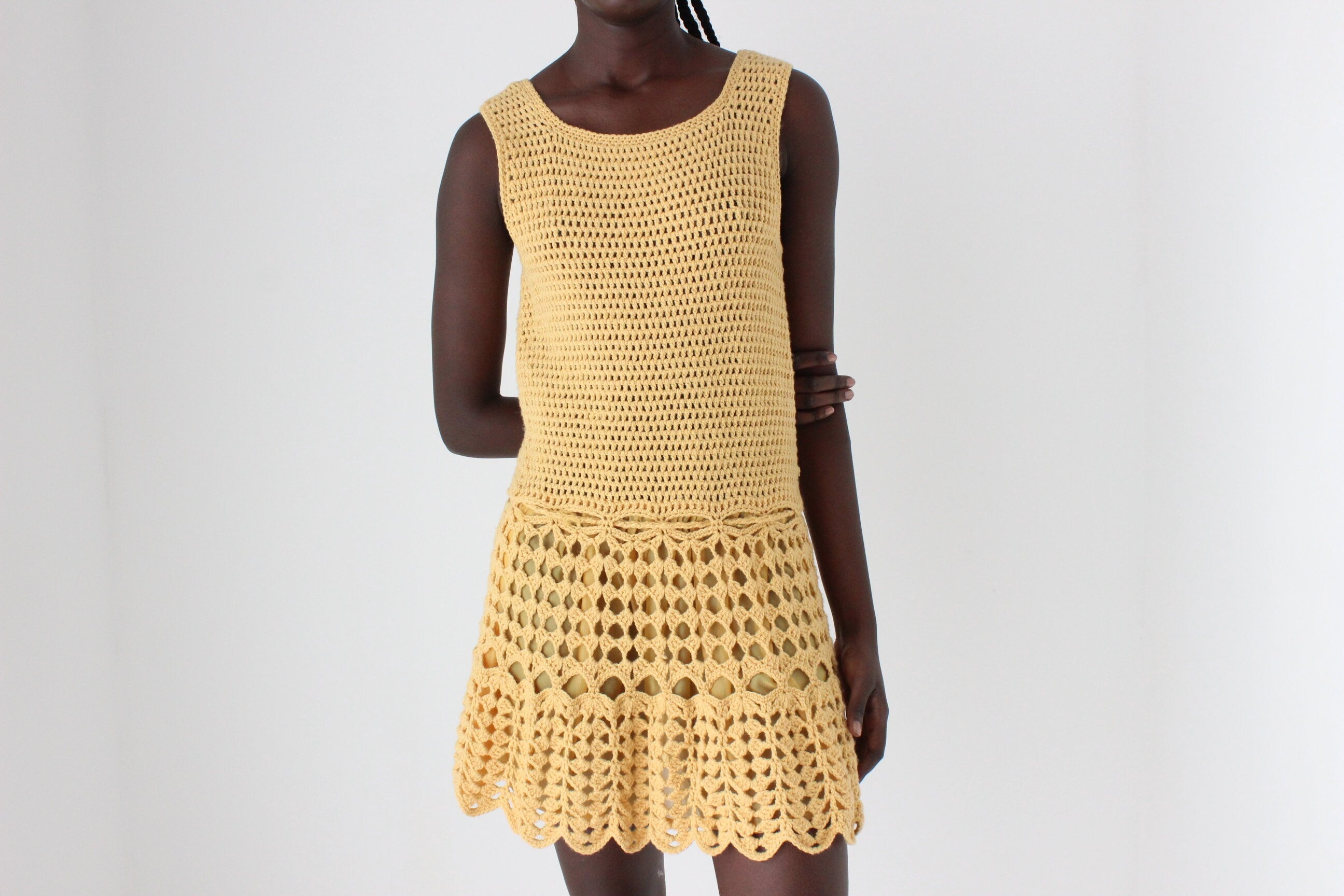 70s Textured Crochet Knit Mini Dress w/ Scalloped Hem