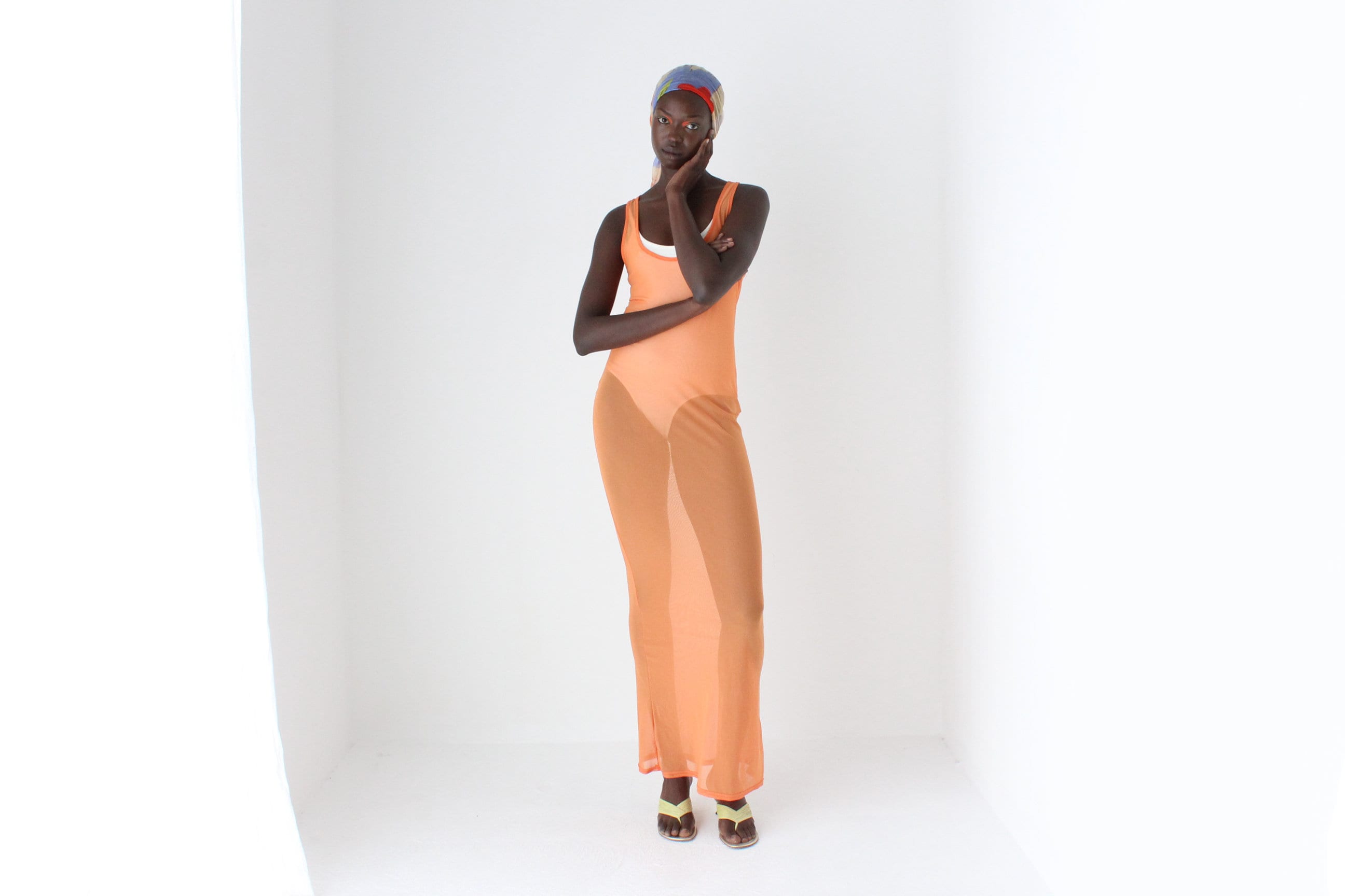 Y2K Sheer Orange Mesh Maxi