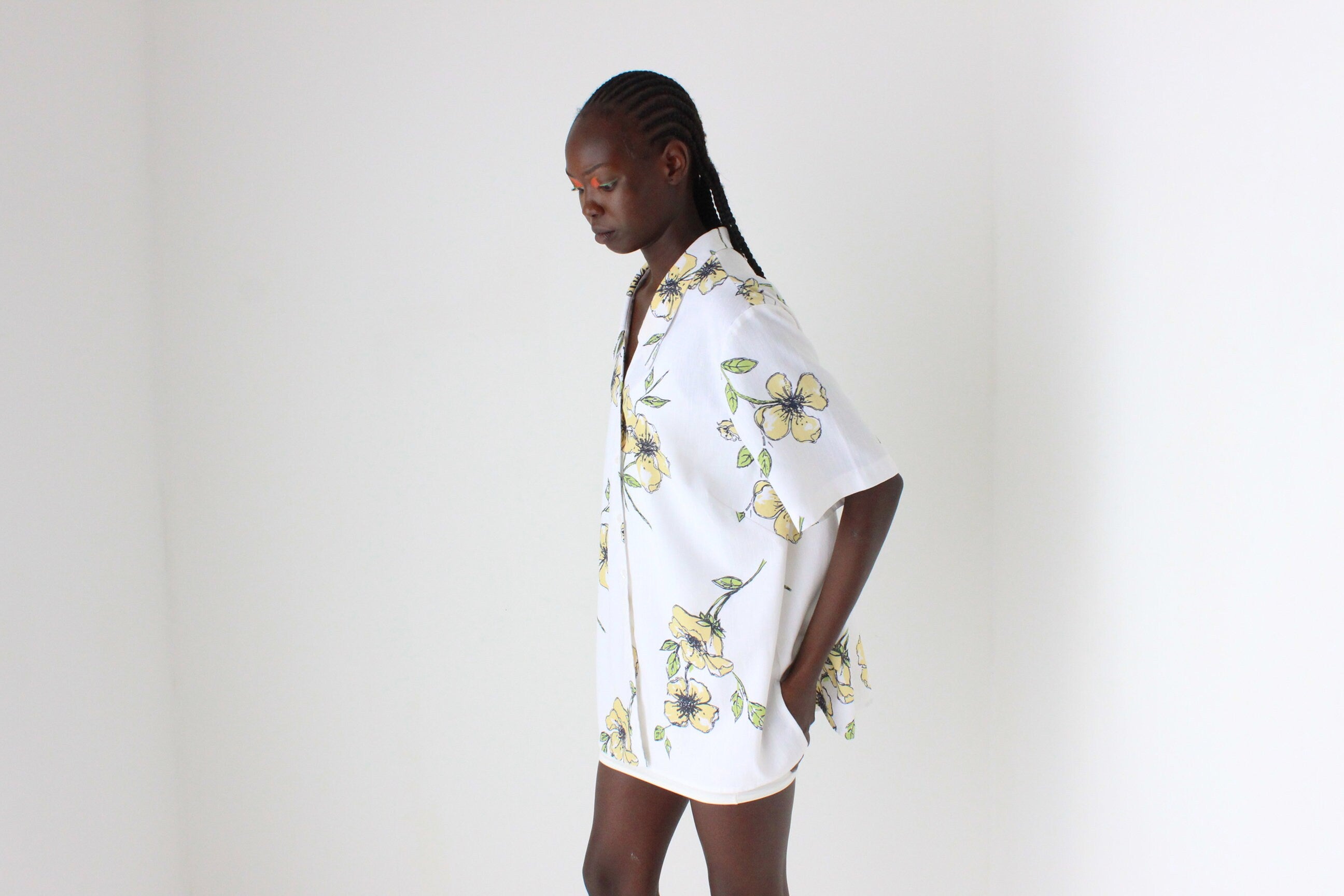 80s Woven Textured Short Sleeve Boxy Shirt