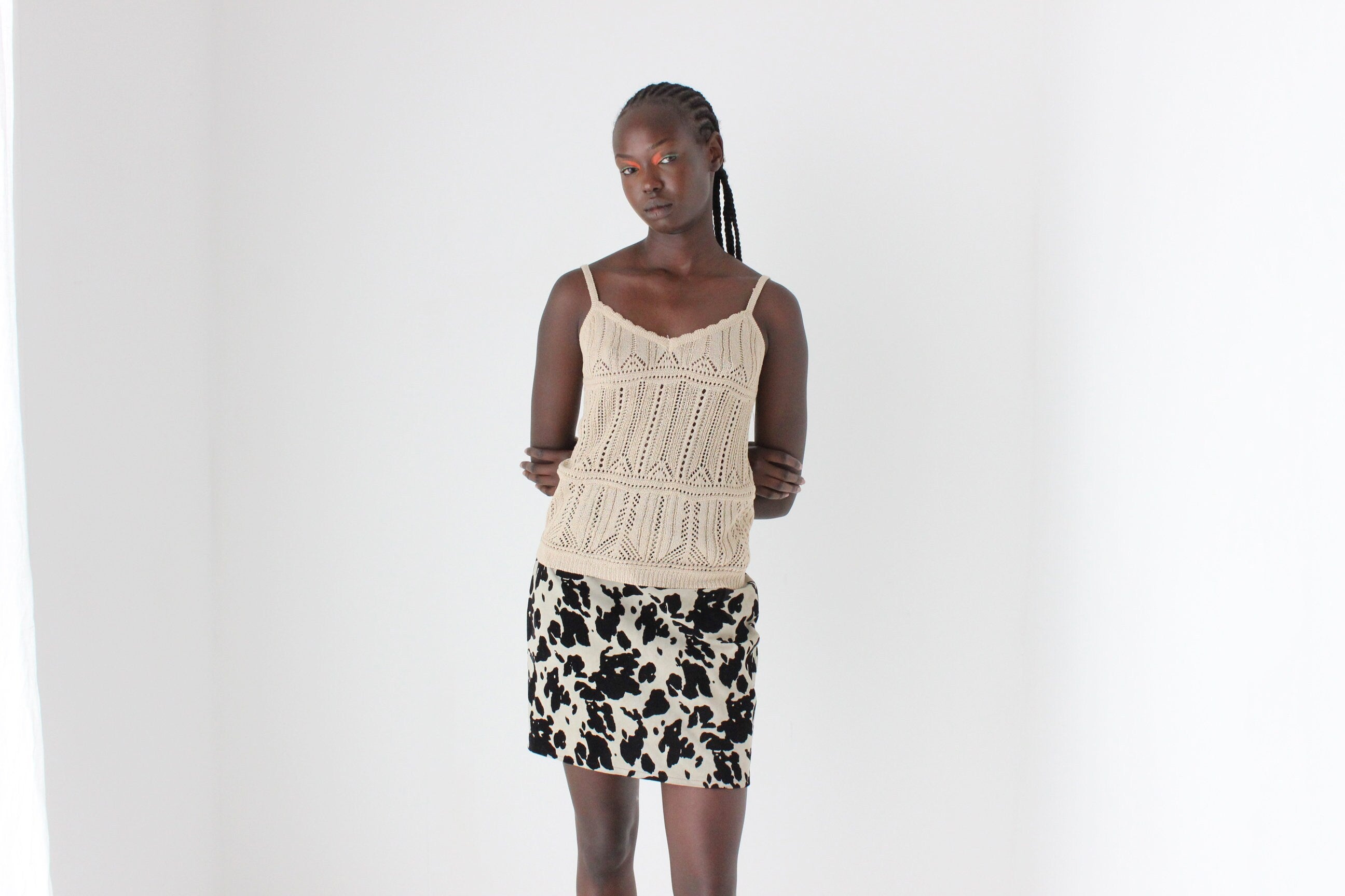 Y2K Textured Knit Beige Crochet Tank