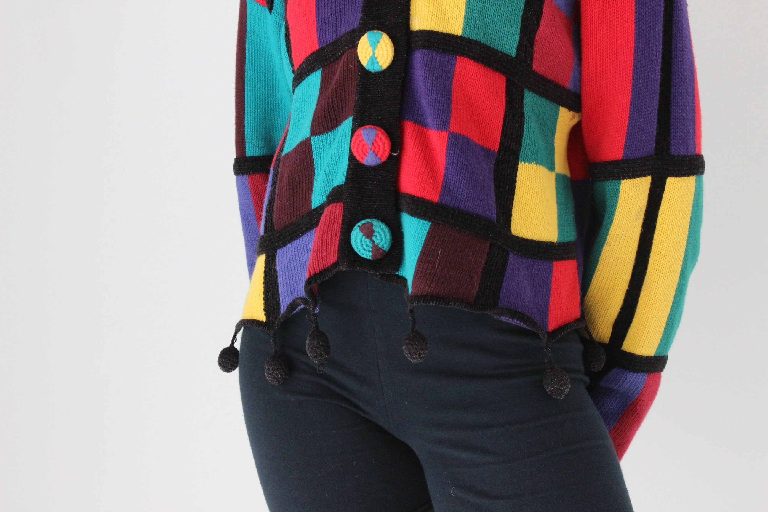 80s Rainbow Checkerboard Cotton & Ramie Cropped Knit