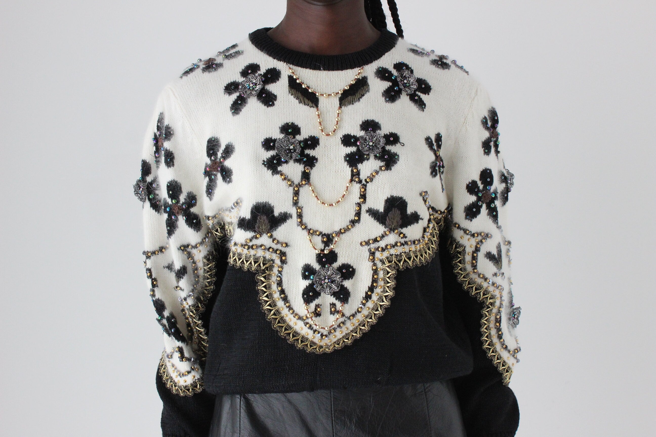 80s Embellished Knit Wool Blend Puff Sleeve Sweater