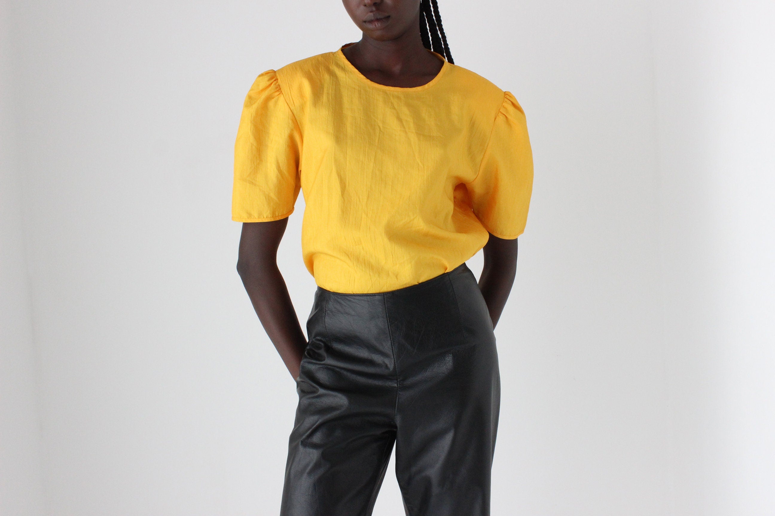 80s Sunshine Yellow Puff Parachute Taffeta Top