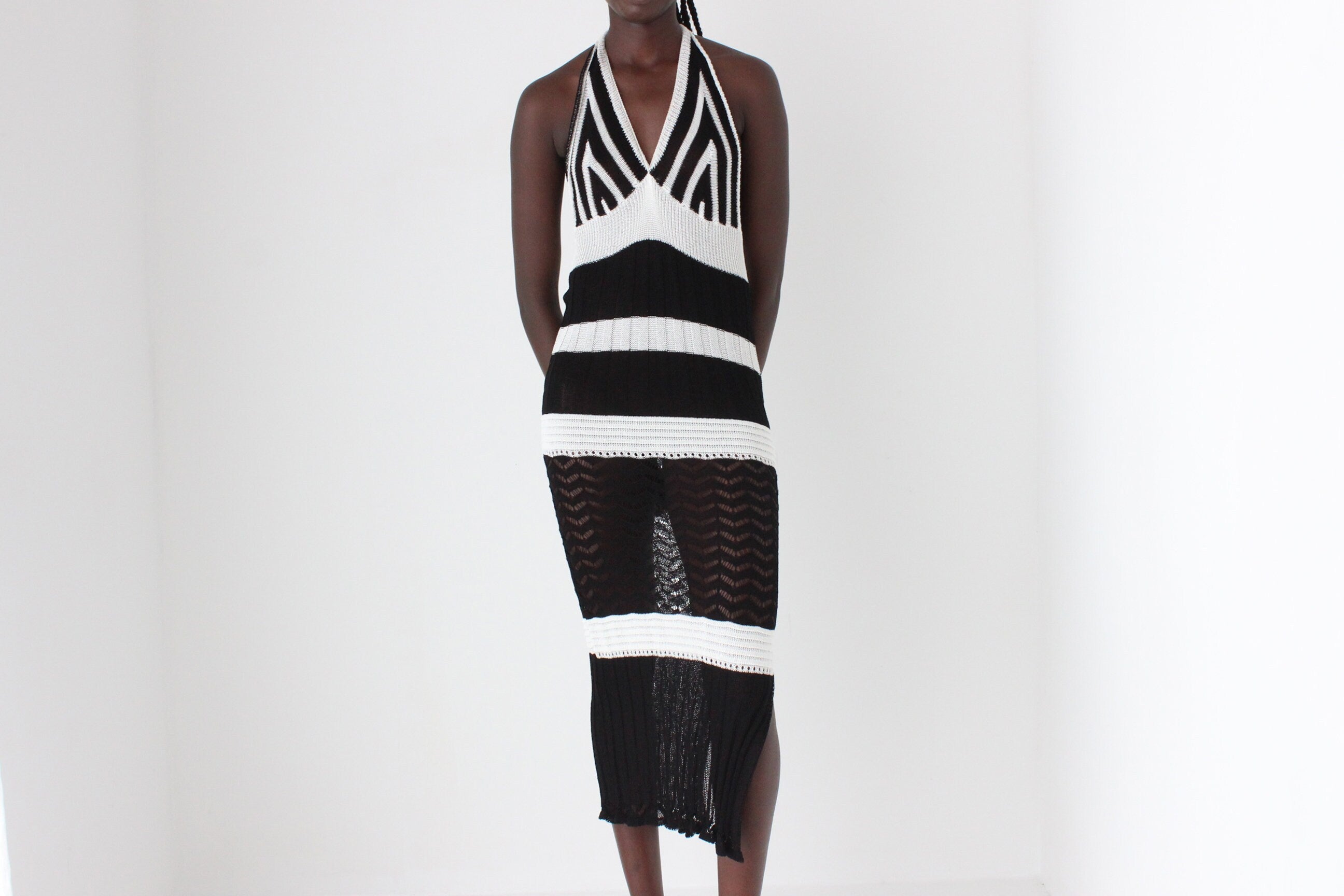 Y2K Black & White Crochet Knit Halter Dress