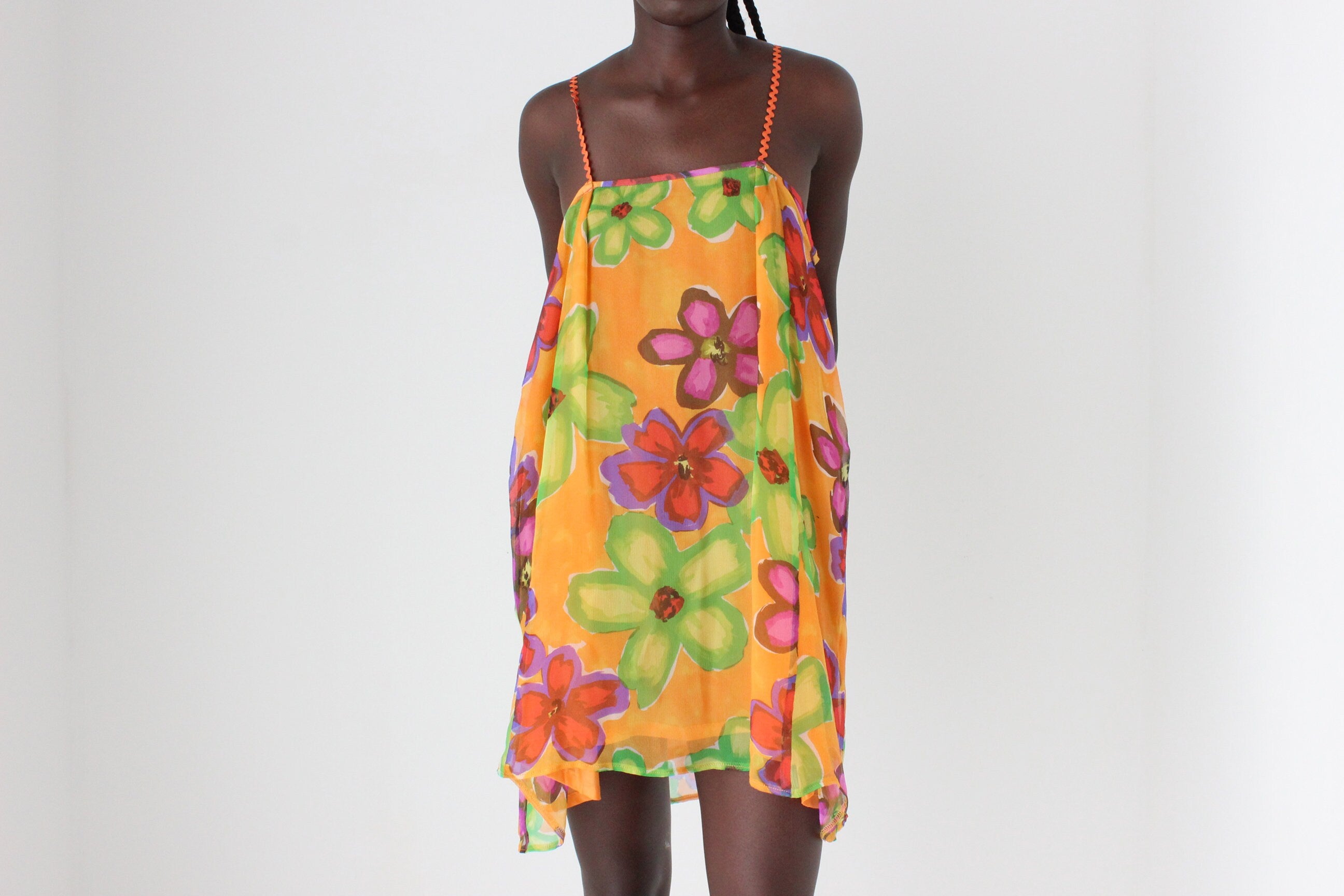 2000s Vibrant Georgette Silk Flower Print Mini w/ Squiggle Straps